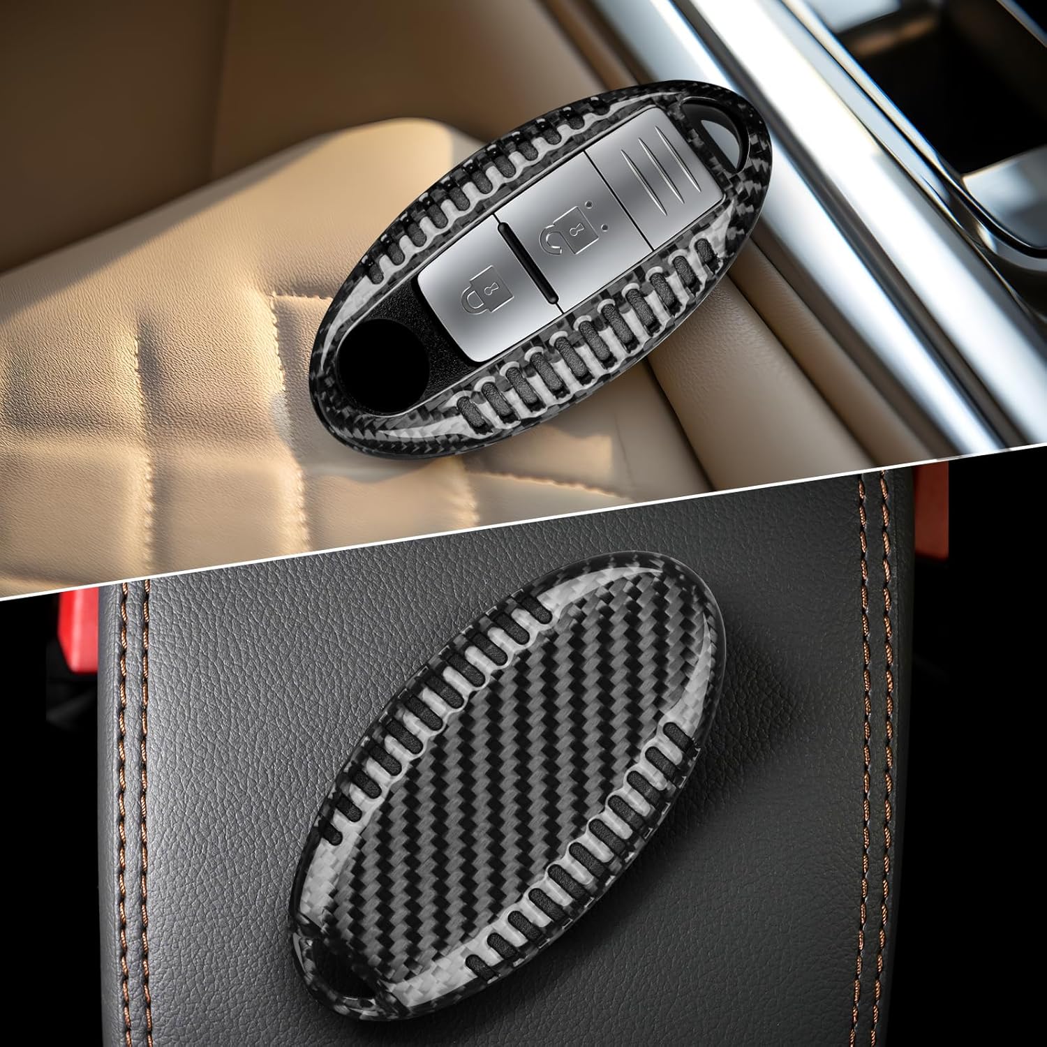T-carbon Key Fob Cover with Key Chain Fits Infiniti Q40 Q50 Q60 Q70 QX50 QX60 QX80 EX35 FX35 FX45 G25 G35 G37 JX35 2015;Carbon Fiber Key Shell Fits Nissan GTR (Black)