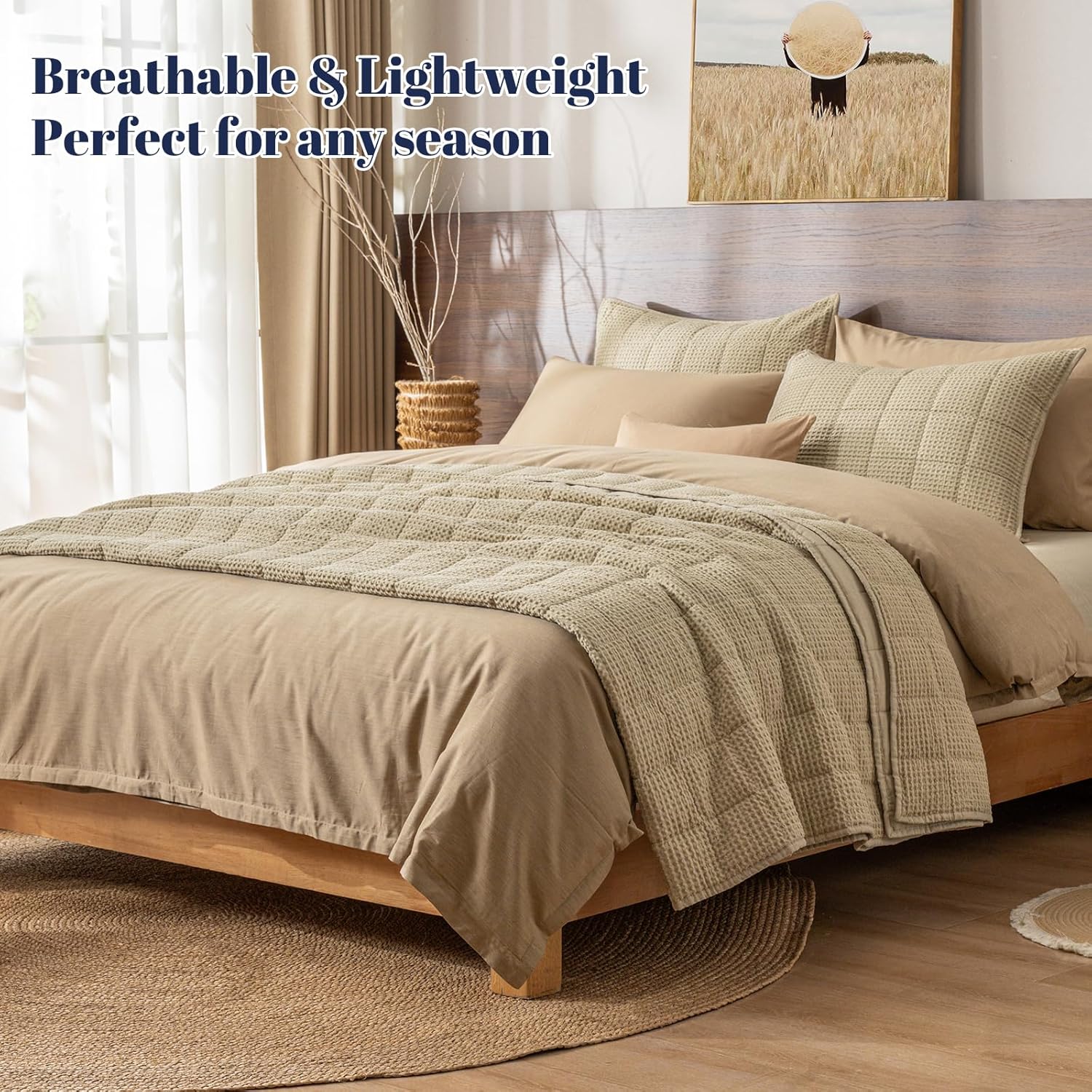 PHF 100% Washed Cotton Waffle Quilt Set King Size(106"x90")-Lightweight with Square-Box Channel, Cozy Quilted Bedspread Set, Home Decor, 1 Soft Coverlet with 2 Matching Shams, Khaki