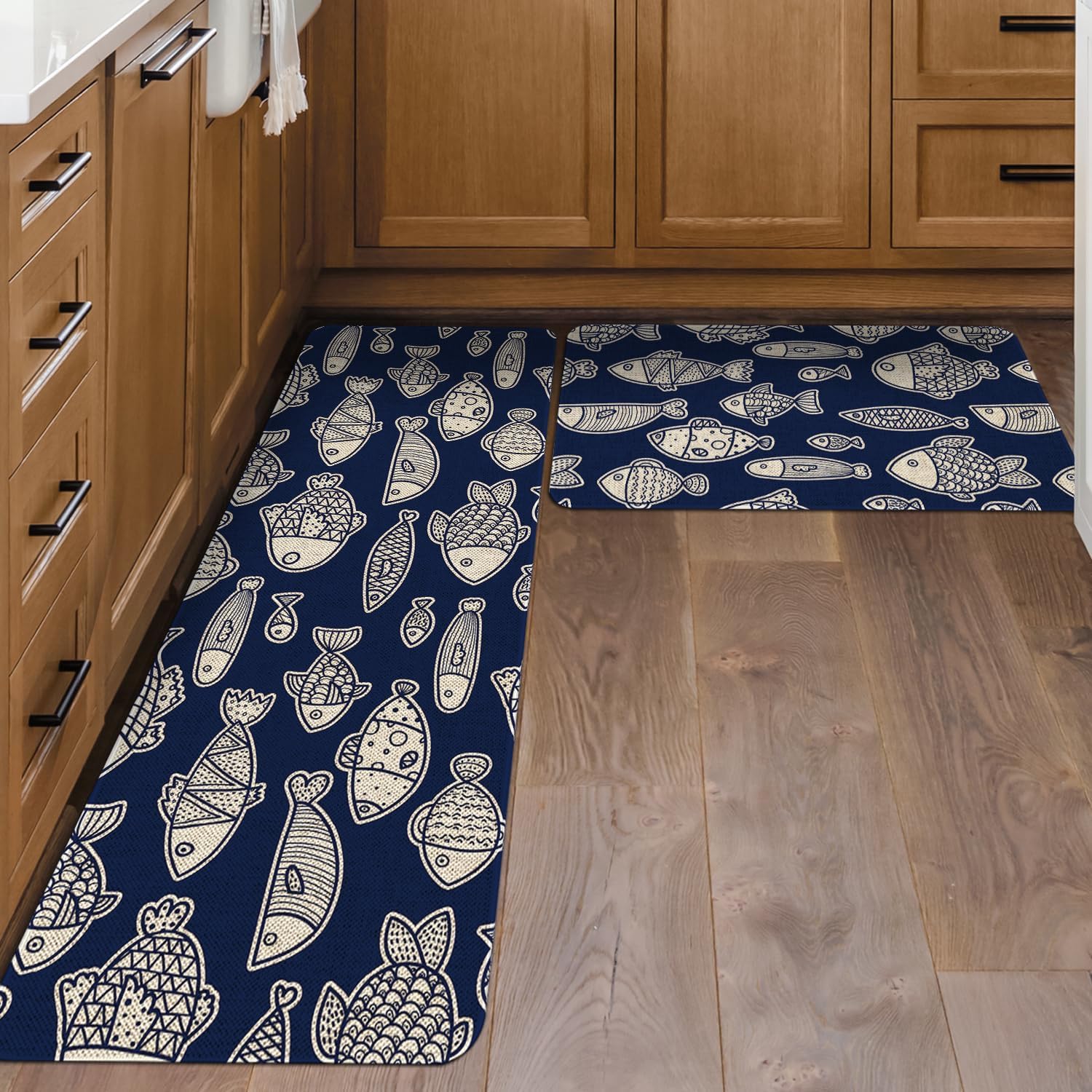 Mloabuc Yellow Fish Decorative Kitchen Mats Set of 2, Anti Fatigue Waterproof Stain Resistant Floor Rug Non Slip Cushioned Floor Mat - 17x29 and 17x47 Inch