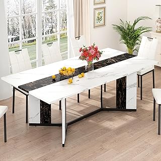 7PCS Dining Table Set for 3 4 People, 71" Large Long Wooden Kitchen Table with 6 Chairs,Sturdy Metal Frame&Waterproof Tabletop, Farmhouse Rectangular Dinner Table for Dining Room,Kitchen (White)