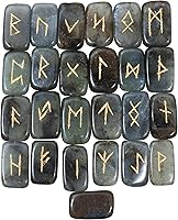 Vista 8 de Crocon Runas de jaspe de frutas con forma rectangular de piedras preciosas con alfabeto Futhark de saúco grabado, 25 piezas, juego de runas