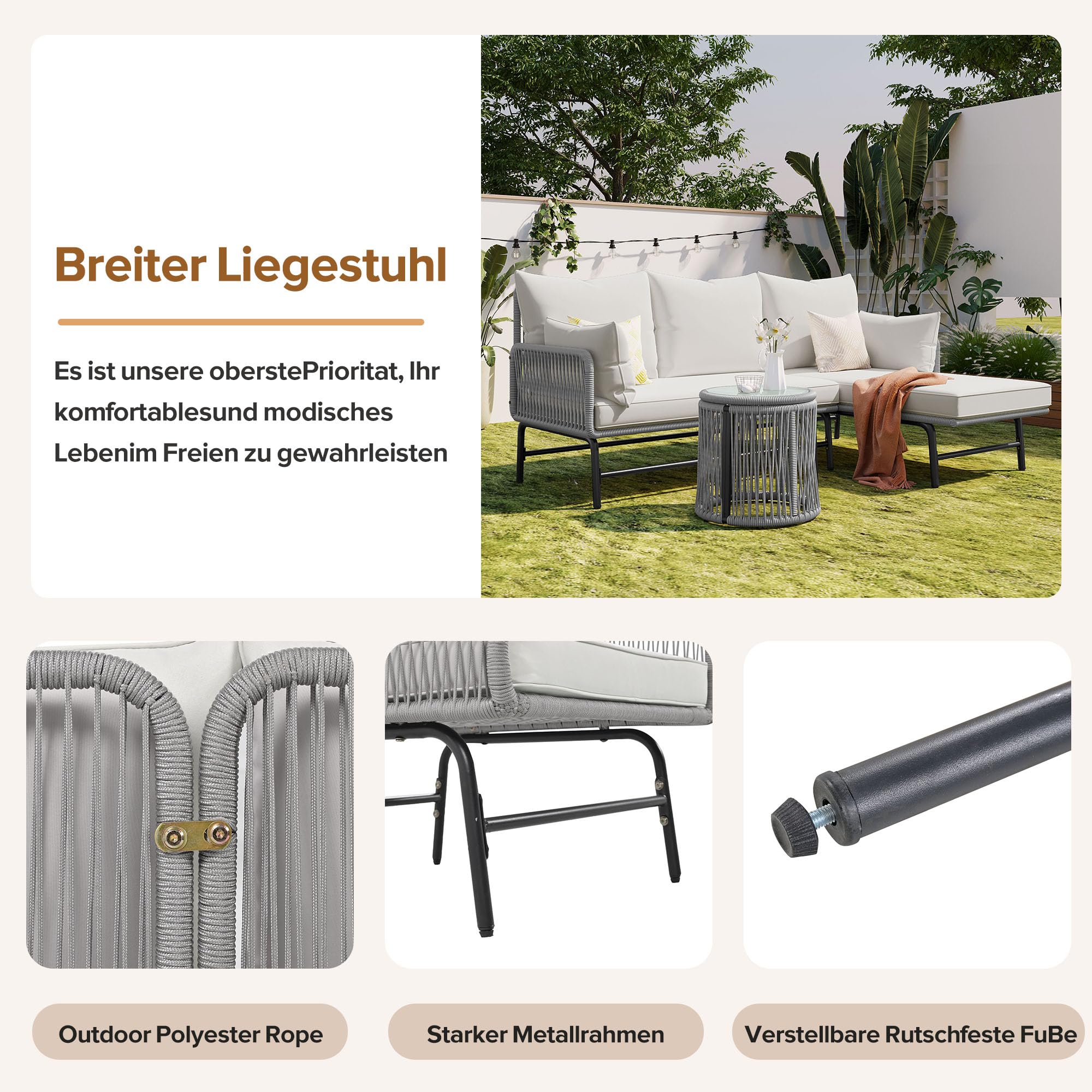 Jtyca Gartenmöbel Set 3-teilig L-Form - Eisengestell Mit Seilbezug In Beige