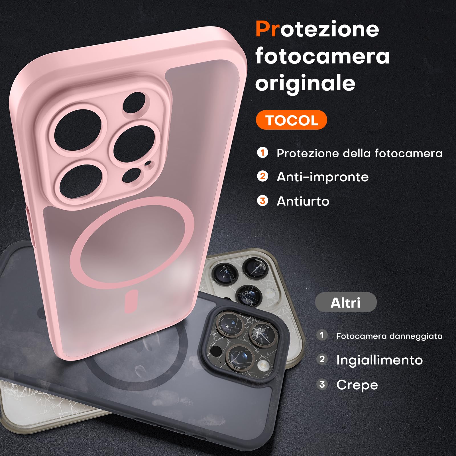 TOCOL Cover Magnetica per iPhone 14 Pro 6,1 Pollic, Compatibile con MagSafe, Protezione Fotocamera Integrata, Custodia Antiurto Traslucida Opaca, Rosa Chiaro