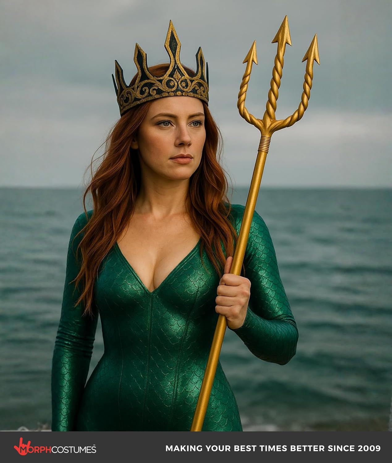 Morph Adult Ocean Sea King Foam Gold Crown and Plastic Trident Staff Cosplay Set - Adjustable Halloween Costume Accessory Props, One Size, Gold