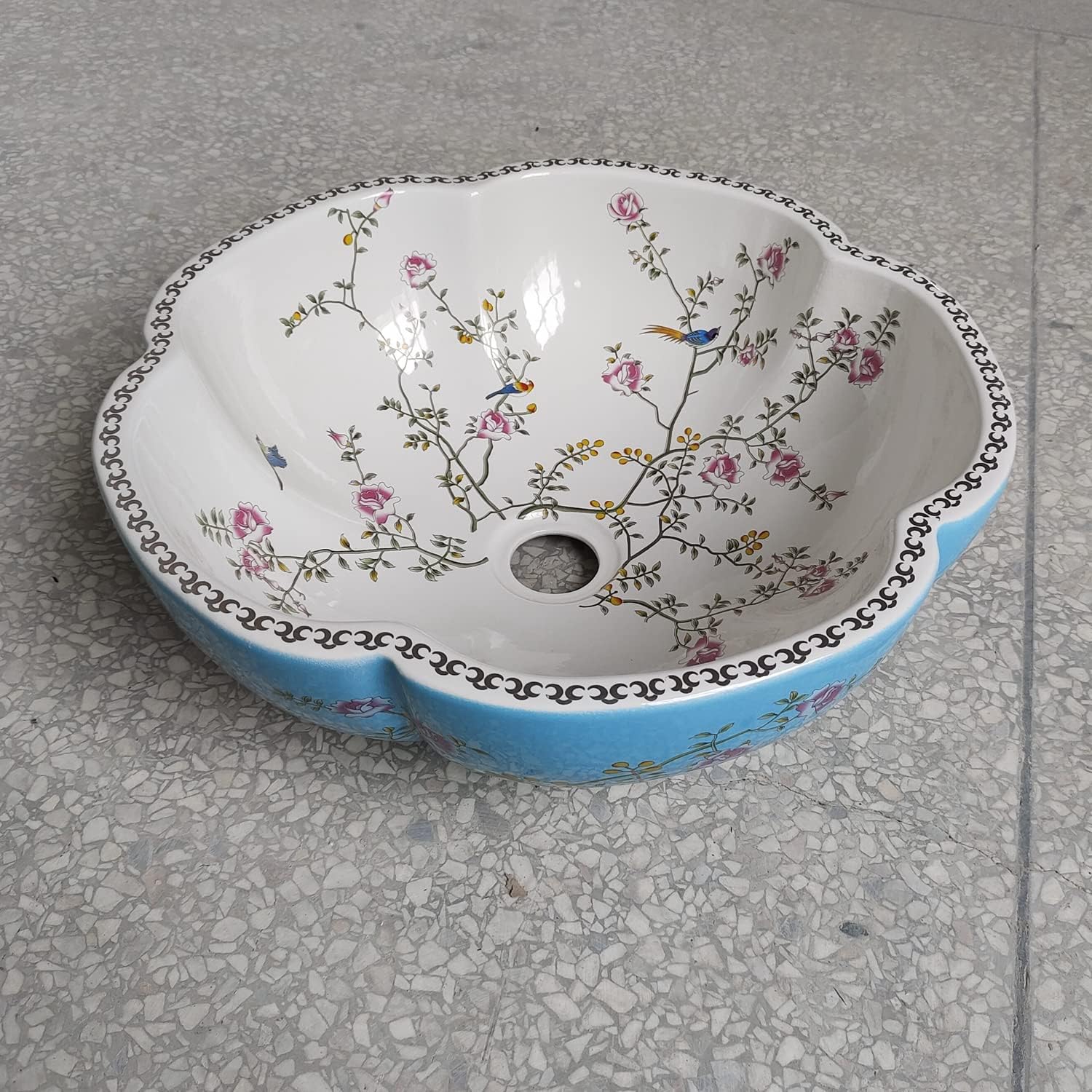 Blue White Ceramic Bathroom Vessel Sinks American Style Countertop Sink Bowl with Flower Bird Pattern without Faucet Dia.16.4x"H5.9" Size