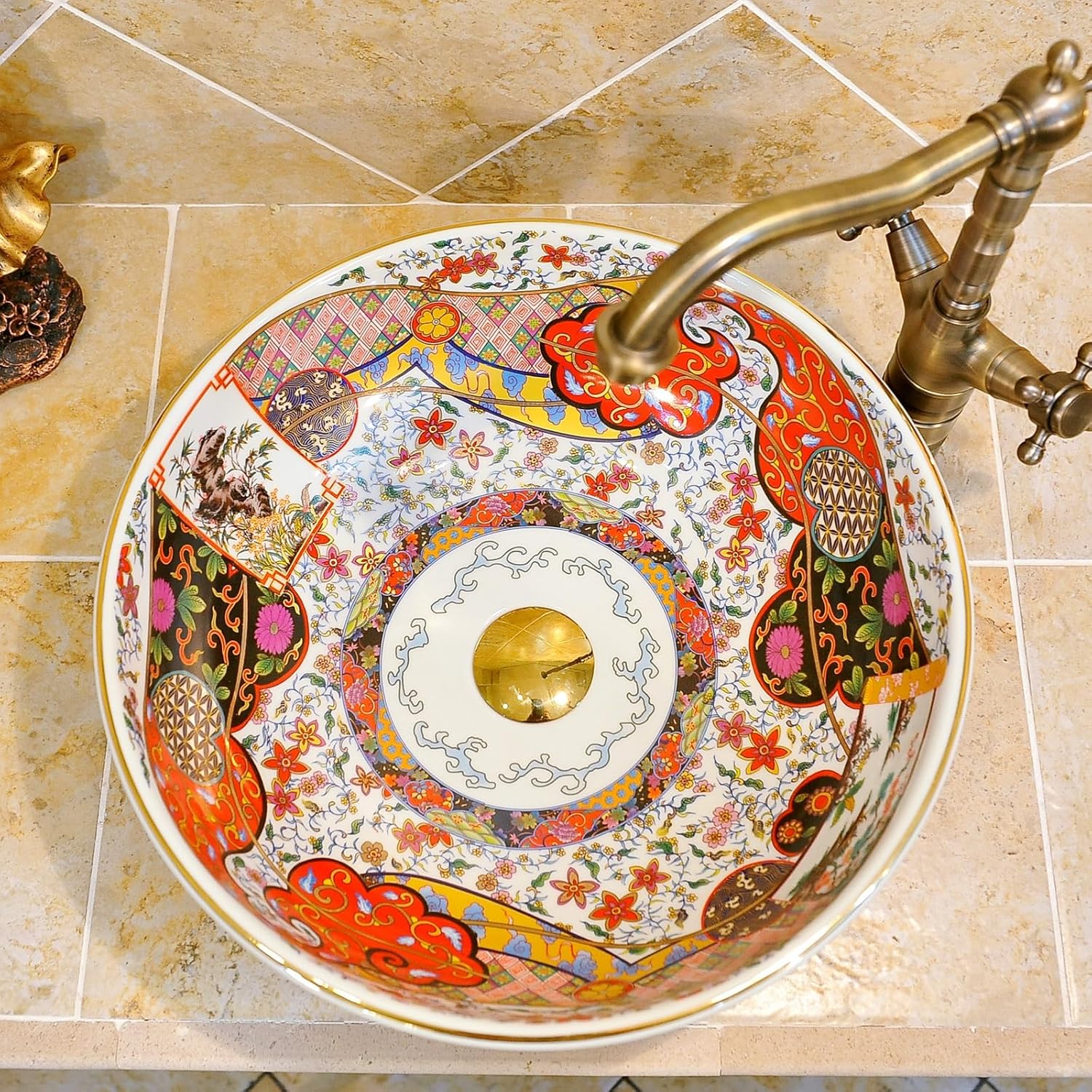 Retro European Style Round Vessel Sink Bowl with Brass Waterfall Faucet and Pop Up Drain Combo for Bathroom Vanity Top
