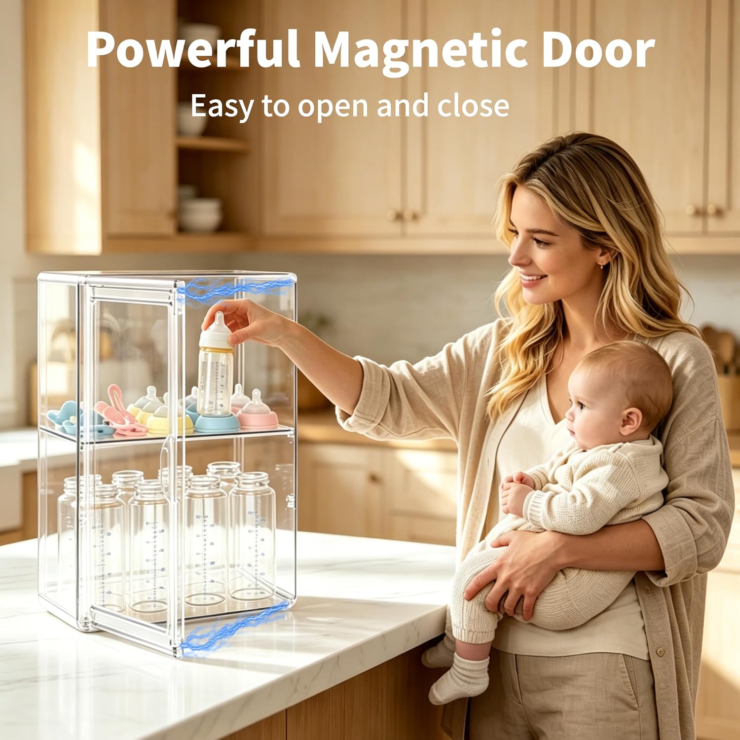 Baby Bottle Organizer, 3 Tiers Adjustable Bottle Storage Container for Countertop, Clear Acrylic Bottle Station with 2 Removable Dividers and Magnetic Door, Suitable for Kitchen Bathroom Vanity