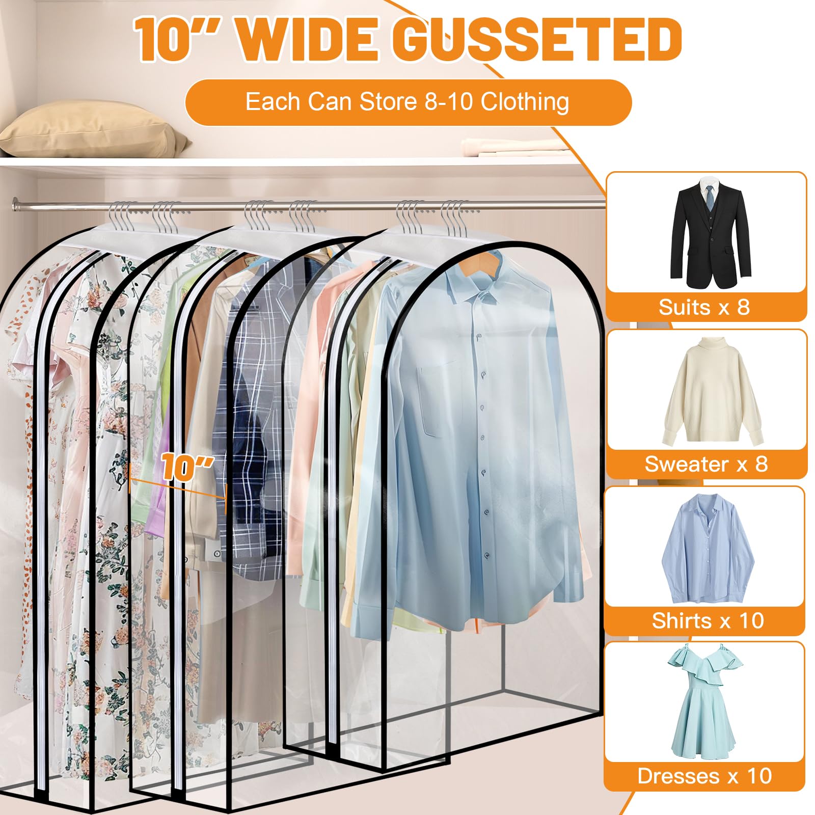 4 Pack Full Clear Garment Bags (40&50"), Clothes Covers with 10" Gusseted, Transparent Bags for Hanging Clothes Suit Bags - Image 3