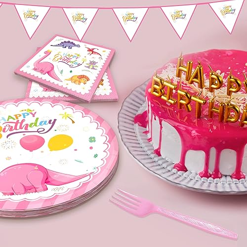 Vista 6 de 120 platos de fiesta de cumpleaños de dinosaurios rosados, servilletas para niñas, temática de dinosaurio, vajilla, platos de papel desechables