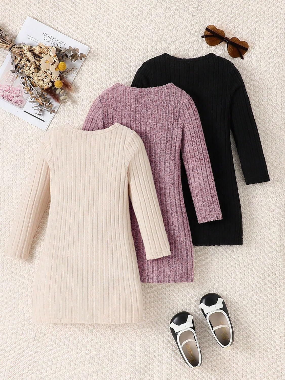 Girls Sweater Dresses 3 Packs Long Sleeve Kid Ribbed Knit Casual Dress Pullover Solid Fall Winter Dress for 8-12Y - Image 3