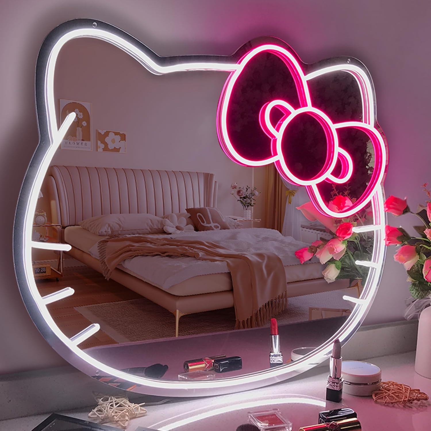 Anime Hello Kit Mirror, Cat Neon Sign 24W 21L Vanity Mirror with Lights, Led Wall Mirror with Dimmable for Girls Room Decor, Hello Kit Stuff Makeup Mirror with Lights for Teen Girl Gifts 24“