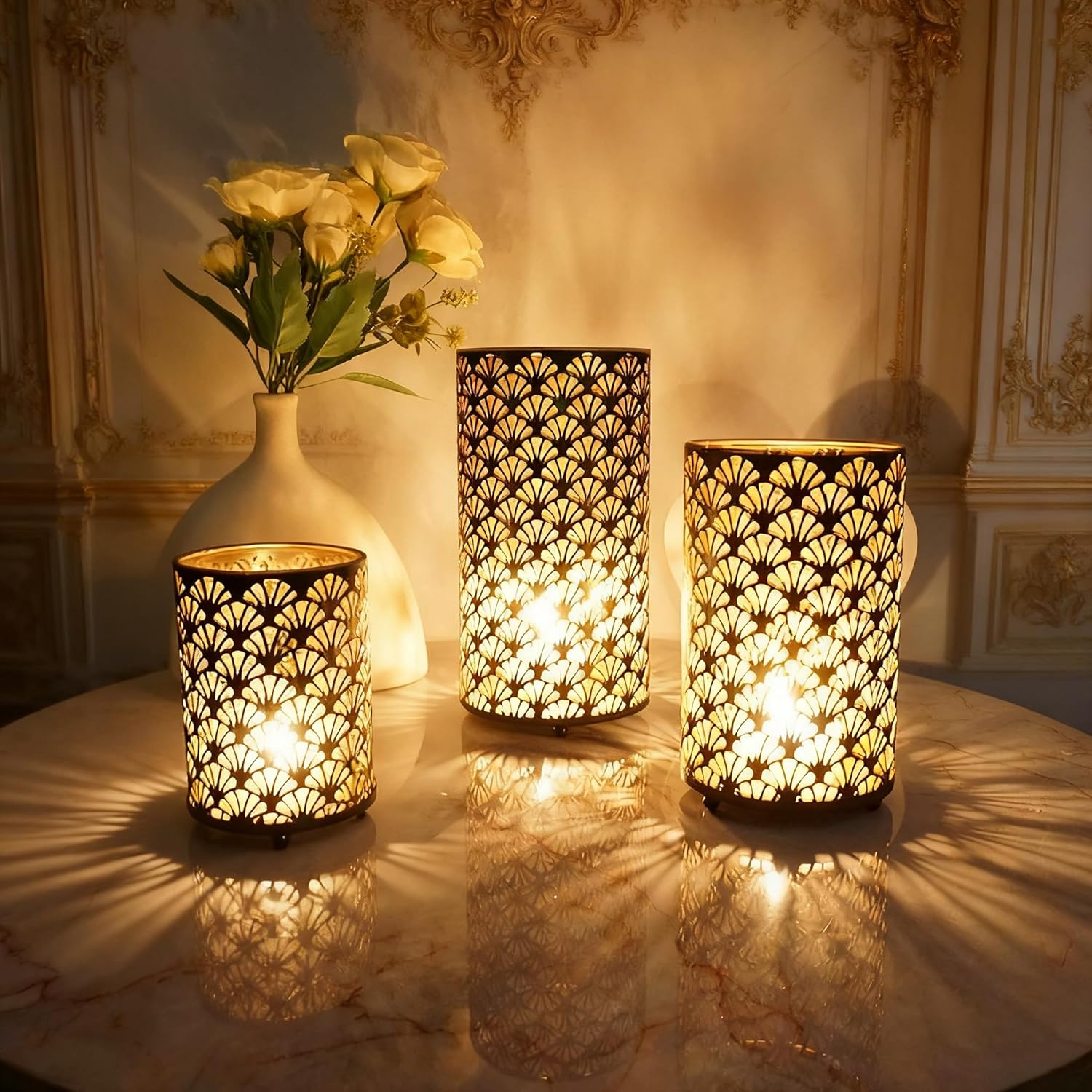 3PCS Candlestick Candle Barrels Moroccan Style Retro Lanterns Projection Lights Hollowed-Out Decorations Home Ramadan Hanging Outdoor Indoor Courtyard Porch Festival Weddings