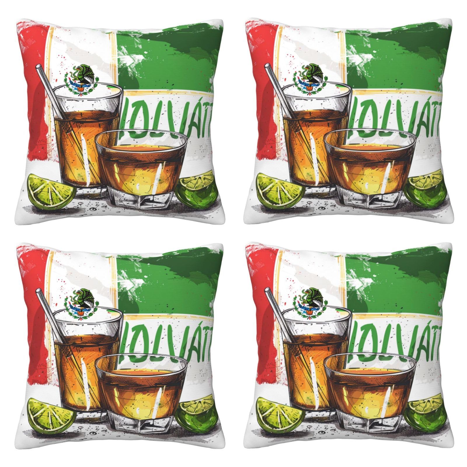 mexico flag and tequila Throw Pillow Cases 4 Pack Square Pillowcases Super Soft Pillow Protectors With Zipper for Couch Livingroom Sofa Bed Office Car,45x45 CM