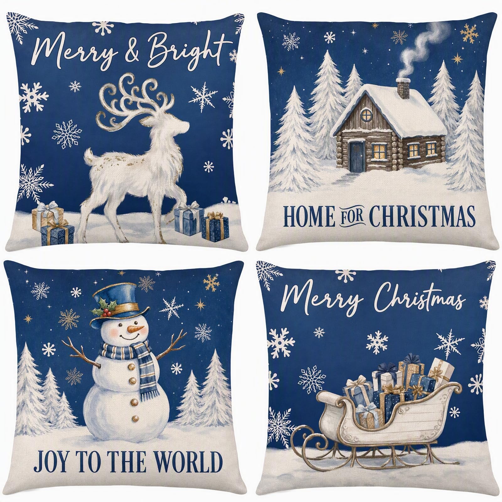 Simpeak 4 Pack Christmas Pillow Case, 45cm x 45cm Blue Xmas Cushion Cover — image 1