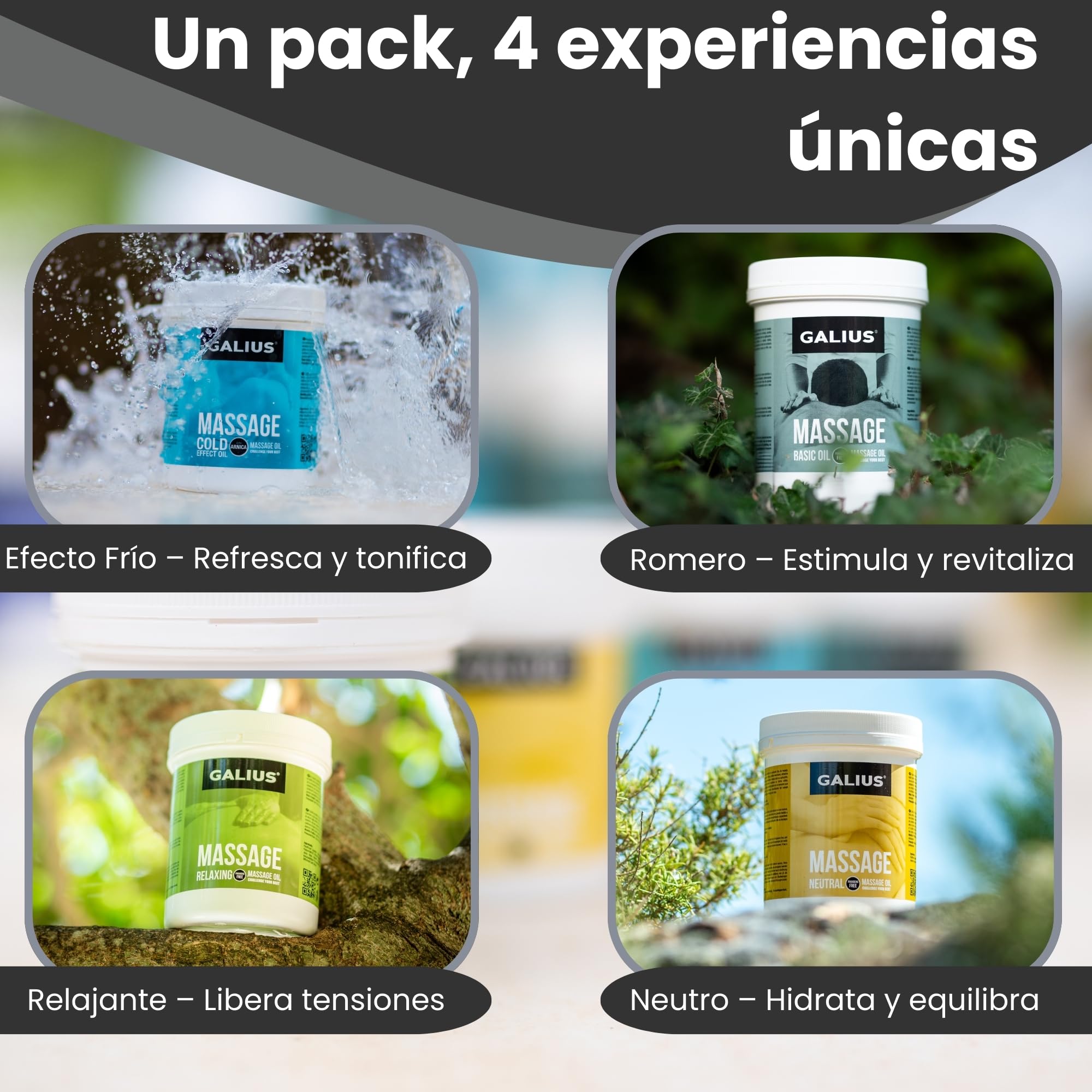 Galius - Pack de 4 Aceites Corporales Sólidos para Masaje 100ml - Aceite Masaje Efecto Frío, Neutro, Relajante, de Romero - Aceites Esenciales - Ideal para Profesionales y Deportistas - No Mancha Ropa