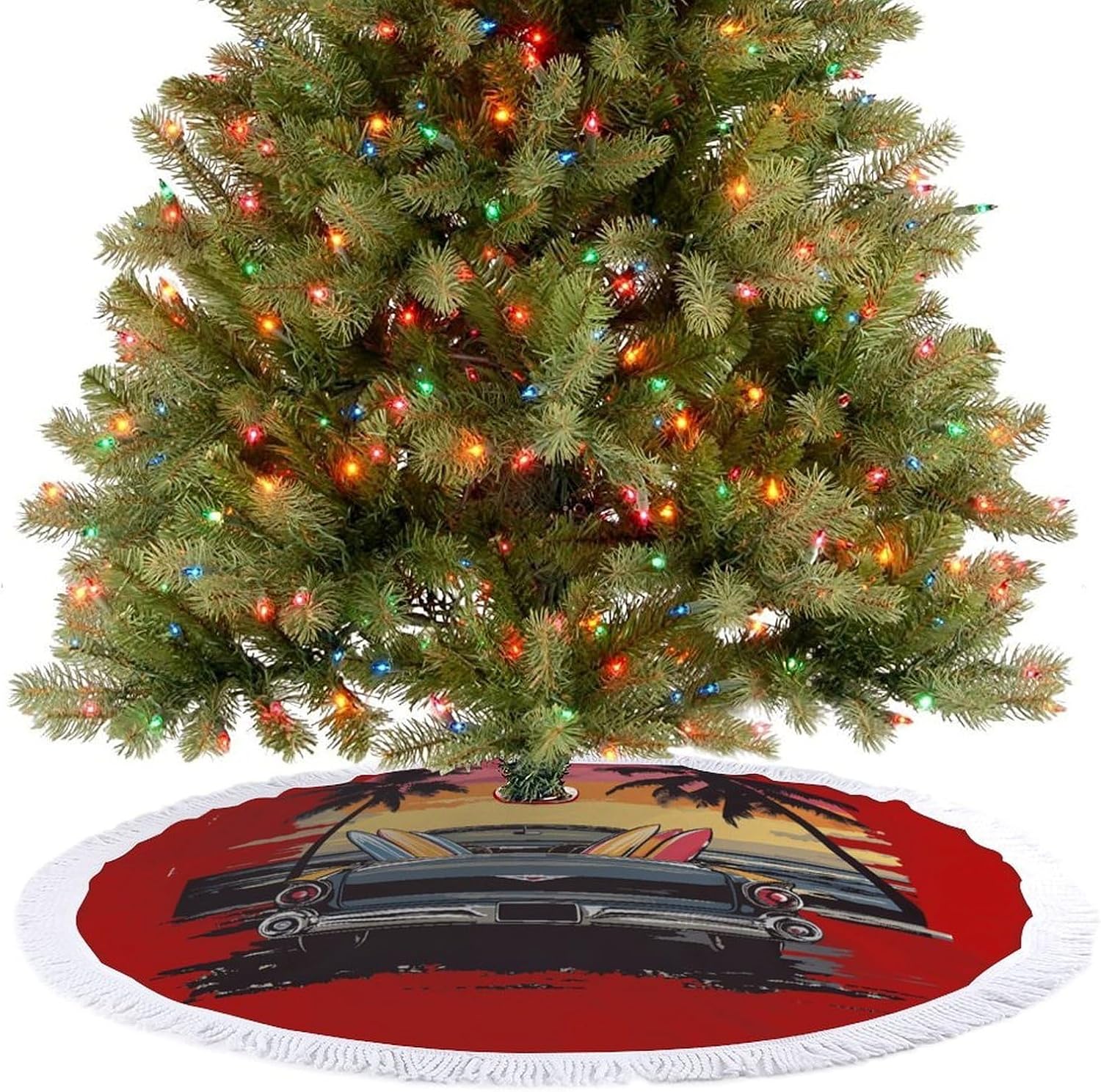 Surf-Cars and Surfboard Christmas Tree Skirt Round Xmas Tree Mat Ornaments Tree Skirts with Tassels for Holiday Party