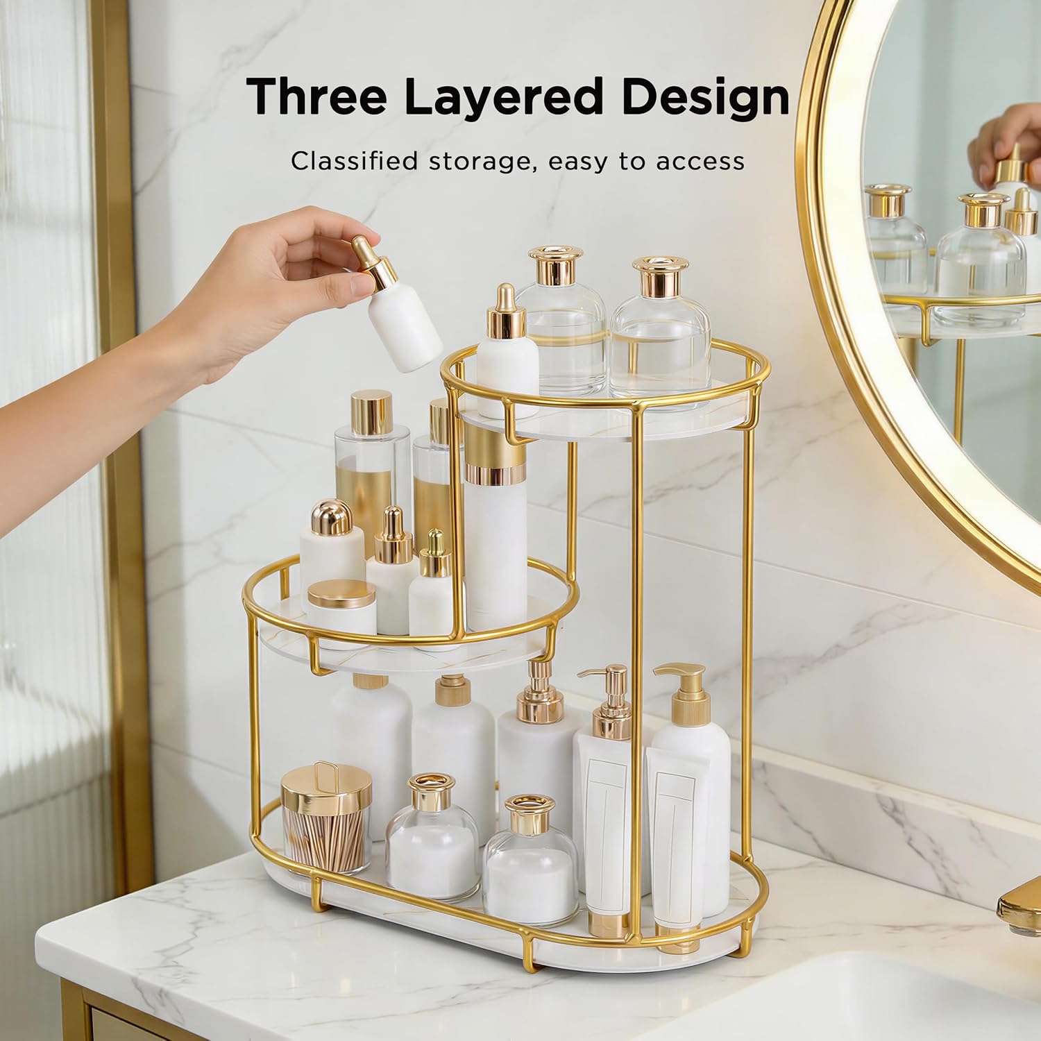 HBlife Makeup Organizer for Vanity, 3 Tier Metal Bathroom Countertop Organizers Skin Care Storage, Bathroom Counter Shelf Skincare Holder Perfume Cosmetic Display, Gold