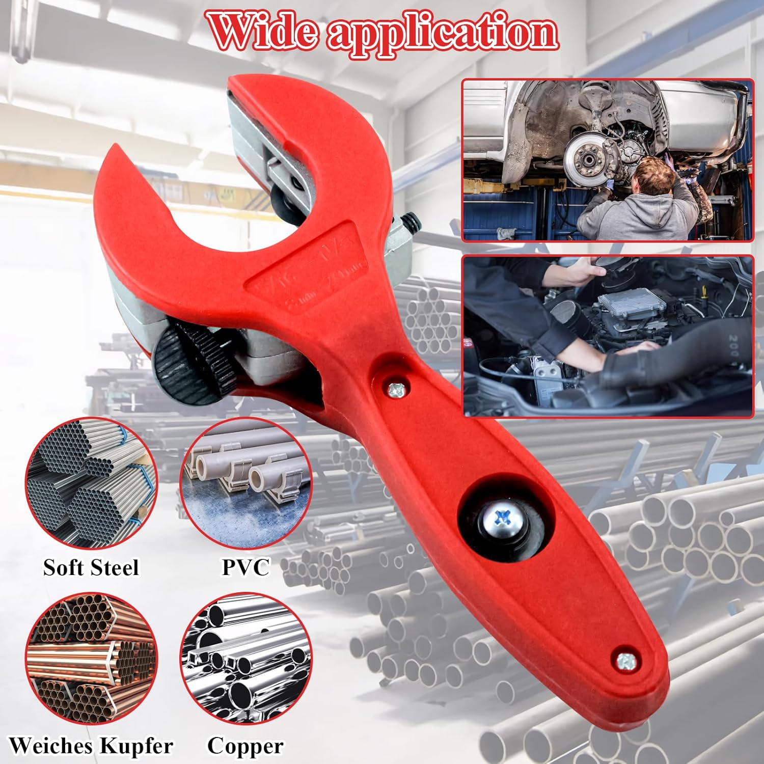 Ratcheting Tubing Cutter, Tubing Cutter 5/16" To 1 1/8", 2 in 1 Close Quarters Tubing Cutter, Copper Pipe Cutter for Cutting PVC, Ratcheting Tubing Cutter Blade, Red