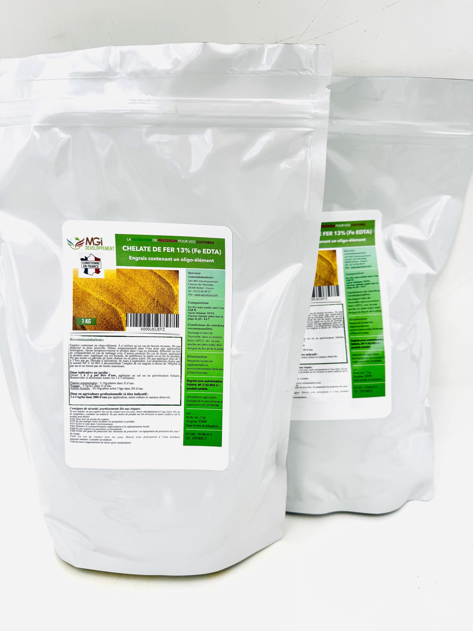 Set di 2 x 1 kg - Chelato di ferro 13% anti-clorosio - Fertilizzante - Reverdizzante - 100% solubile - Perfetto per giardinaggio - compatibile con agricoltura biologica - confezionato in Francia in