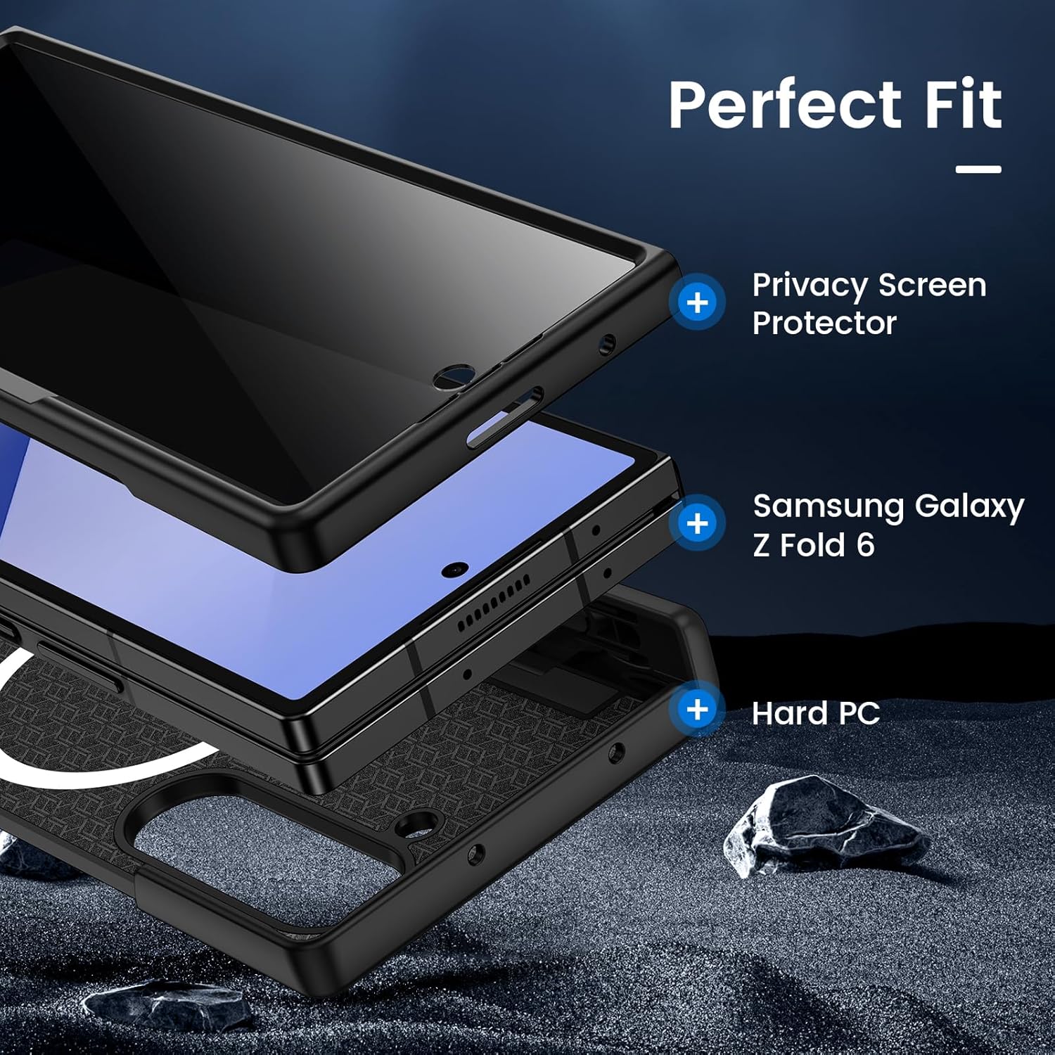 VEGO for Z Fold 6 Case with S Pen Holder, Compatible with MagSafe, with Hinge Protection & Front Privacy Screen Protector, Magnetic Slim PU Leather Cover for Galaxy Z Fold 6 - Carbon Fiber Black