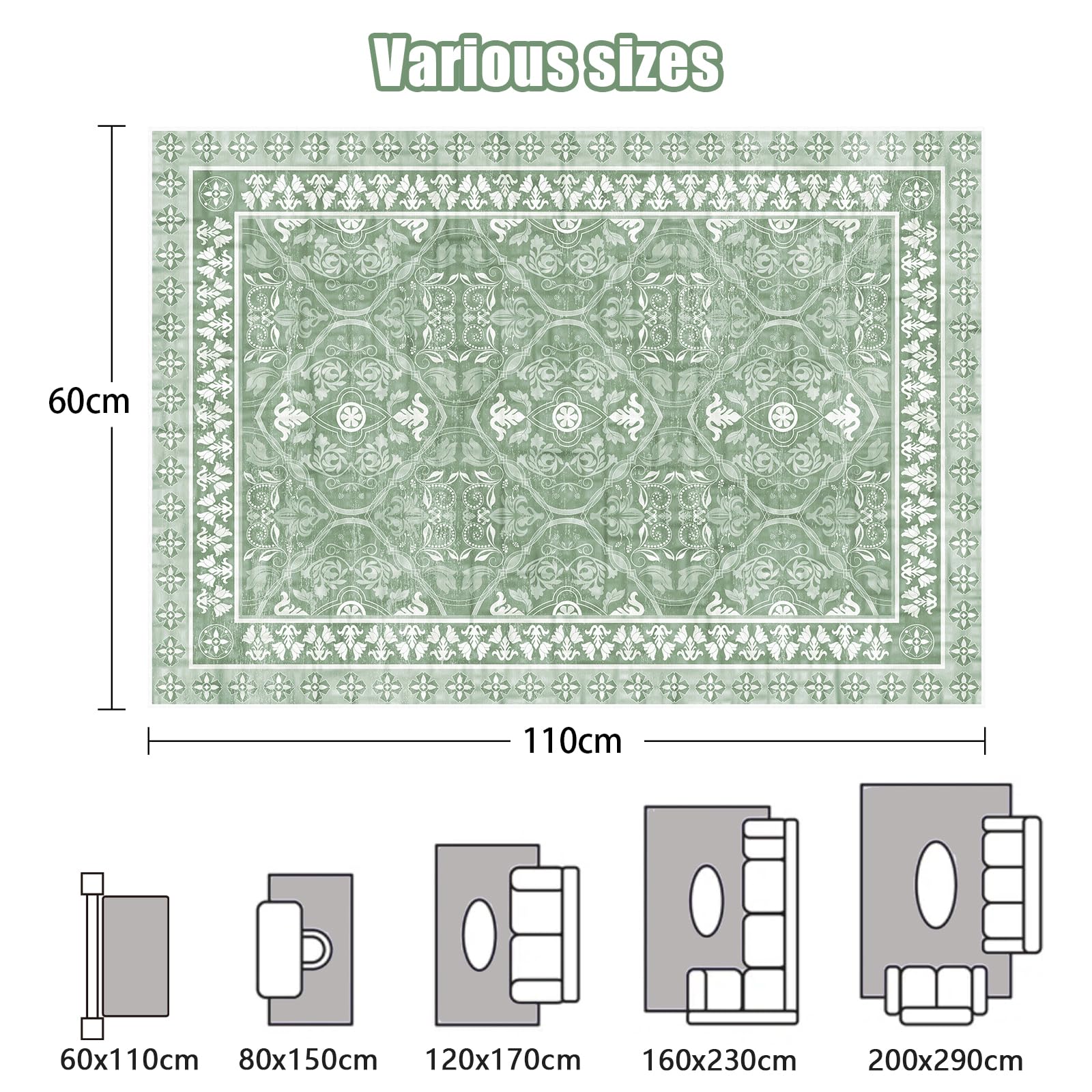 Alishomtll Living Room Area Rugs 60x110cm Anti-Slip Soft Faux Wool Vintage Rugs for Bedroom Washable Large Easy Clean Carpets Durable Floor Carpets Runner for Kids Room Hotel Home Green - Image 2