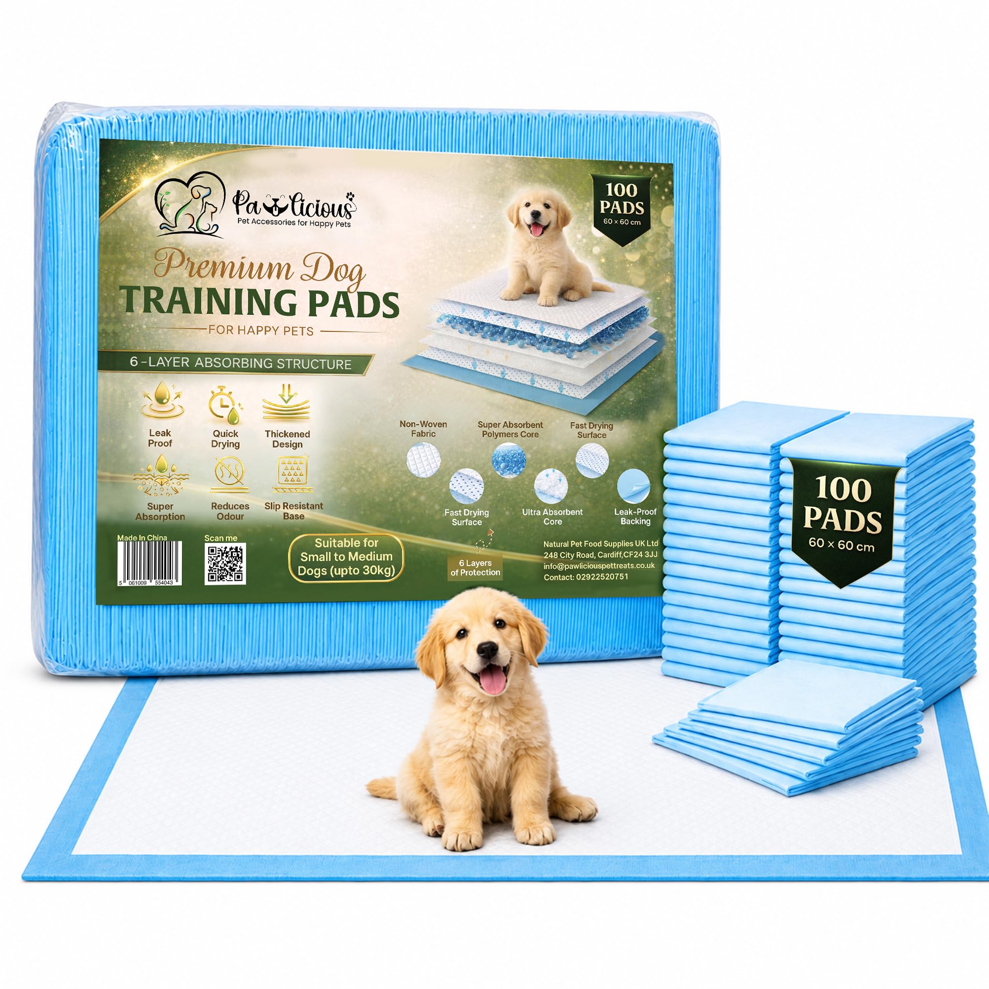Pawlicious Puppy Pads 60x60cm 100 Pack,6-Layer Waterproof Dog Training Pads