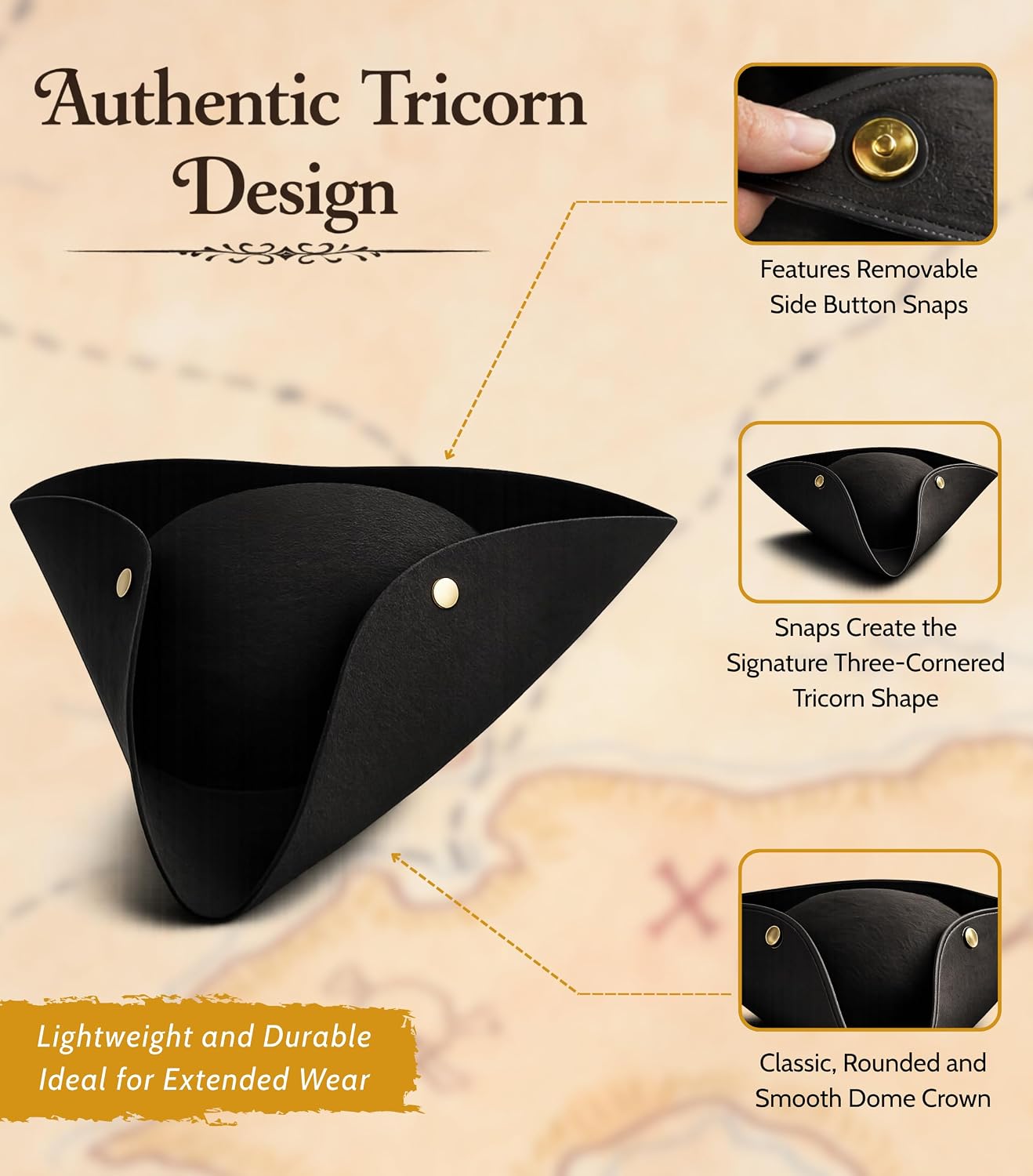 Kangaroo Pirate Hat Men Adult - Black Felt Tricorn Costume Hat for Women and Men - Musketeer Style Hat For Hallowen Cosplay Dressup Apparel