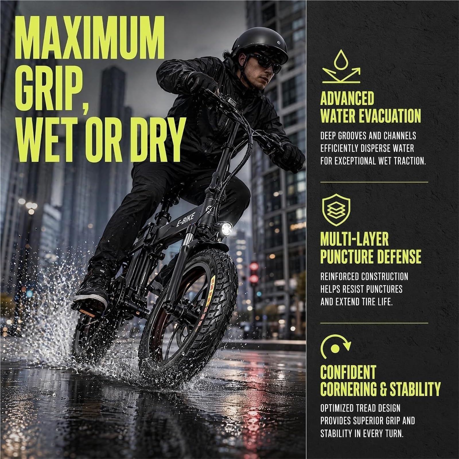 Pneu 14 x 2,125 | Pneu for vélo électrique 14 Pouces | Tubeless 14 x 2,125 | Pneu renforcé épais, résistant aux crevaisons et à l'abrasion | Pneu tubeless for vélo électrique