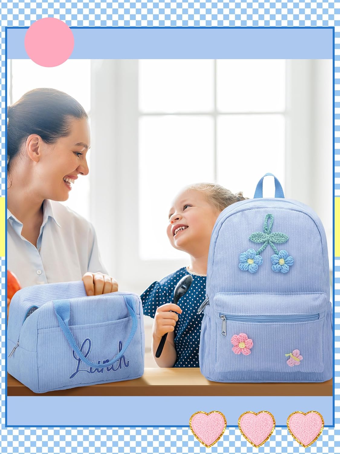 Corduroy School Backpack Set Preppy Book Backpack and Lunch Bag with Crochet Flower for Girl Back to School Gift(Blue) - Image 6