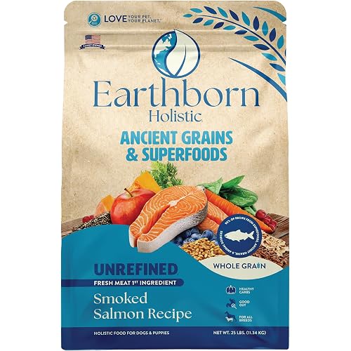Earthborn Holistic Unrefined with Grains Smoked Salmon Dry Dog Food 25 lb | Ancient Grains & Superfoods All Life Stages Dry Dog Food, Pea-Free Recipe with Quinoa, Pumpkin & Flaxseed,