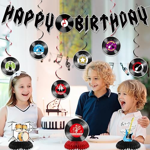 Miniatura 4 de Crenics Decoraciones de cumpleaños de Rock and Roll pancarta de feliz cumpleaños, remolinos colgantes y centros de mesa de panal para suministros de