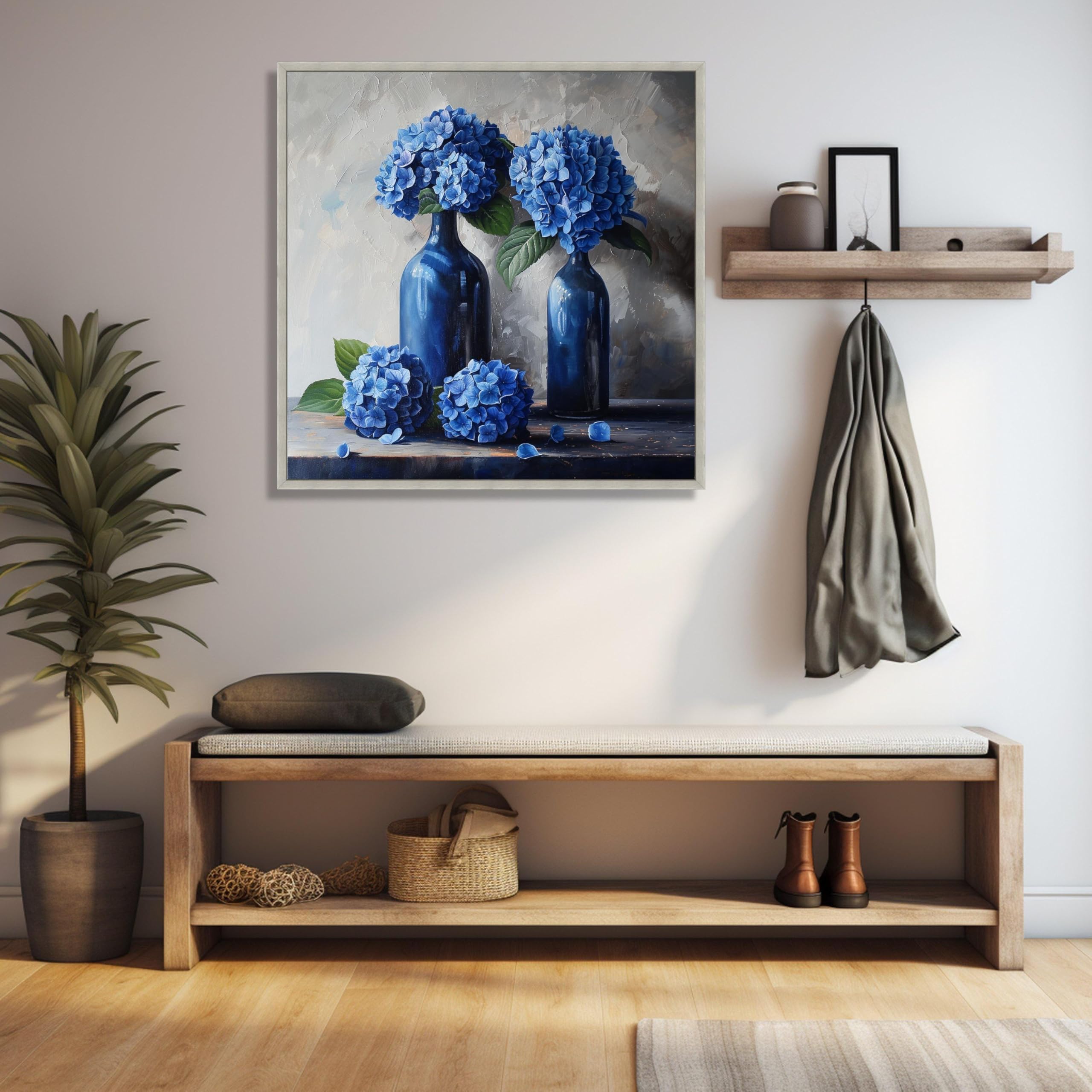 XINBAO Niebieskie kwiaty hortensji w ciemnoniebieskich butelkach płótno, kwiatowa martwa natura sztuka ścienna, dekoracja botaniczna, obraz kwiatowy na płótnie 55 x 55 cm bez ramy