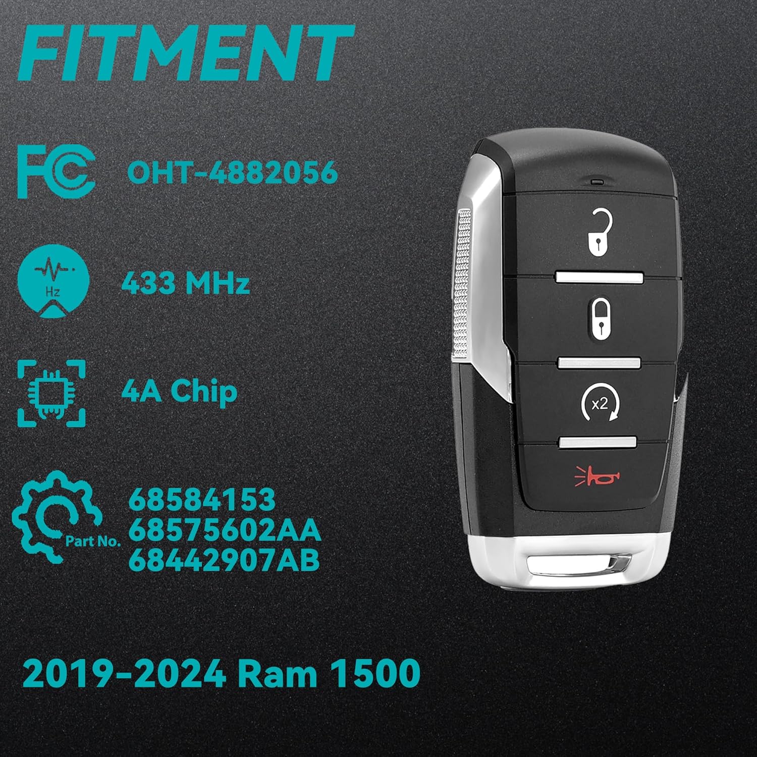 Car Key Fob Replacement 4-Button Keyless Entry (1PC) 433MHz Compatible with 2019-2024 Ram 1500 FCC ID OHT-4882056 4A CHIP