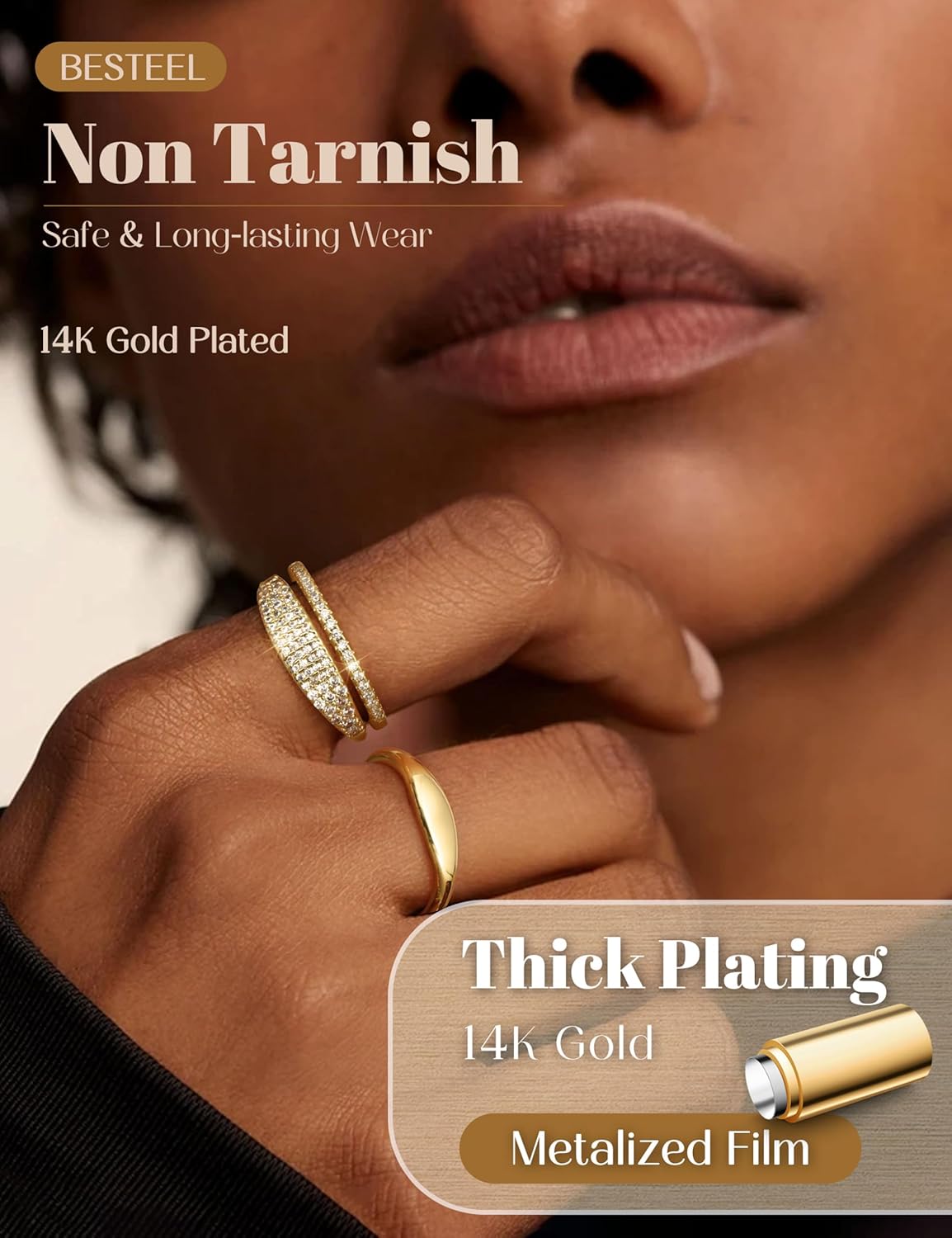 BESTEEL Gold Rings for Women Non Tarnish - 14K Gold Plated Stackable Rings Dainty Cubic Zirconia Stacking Thumb Ring Set Trendy Statement Promise Engagement Wedding Bands Ring for Women Size 6-10 - Image 3