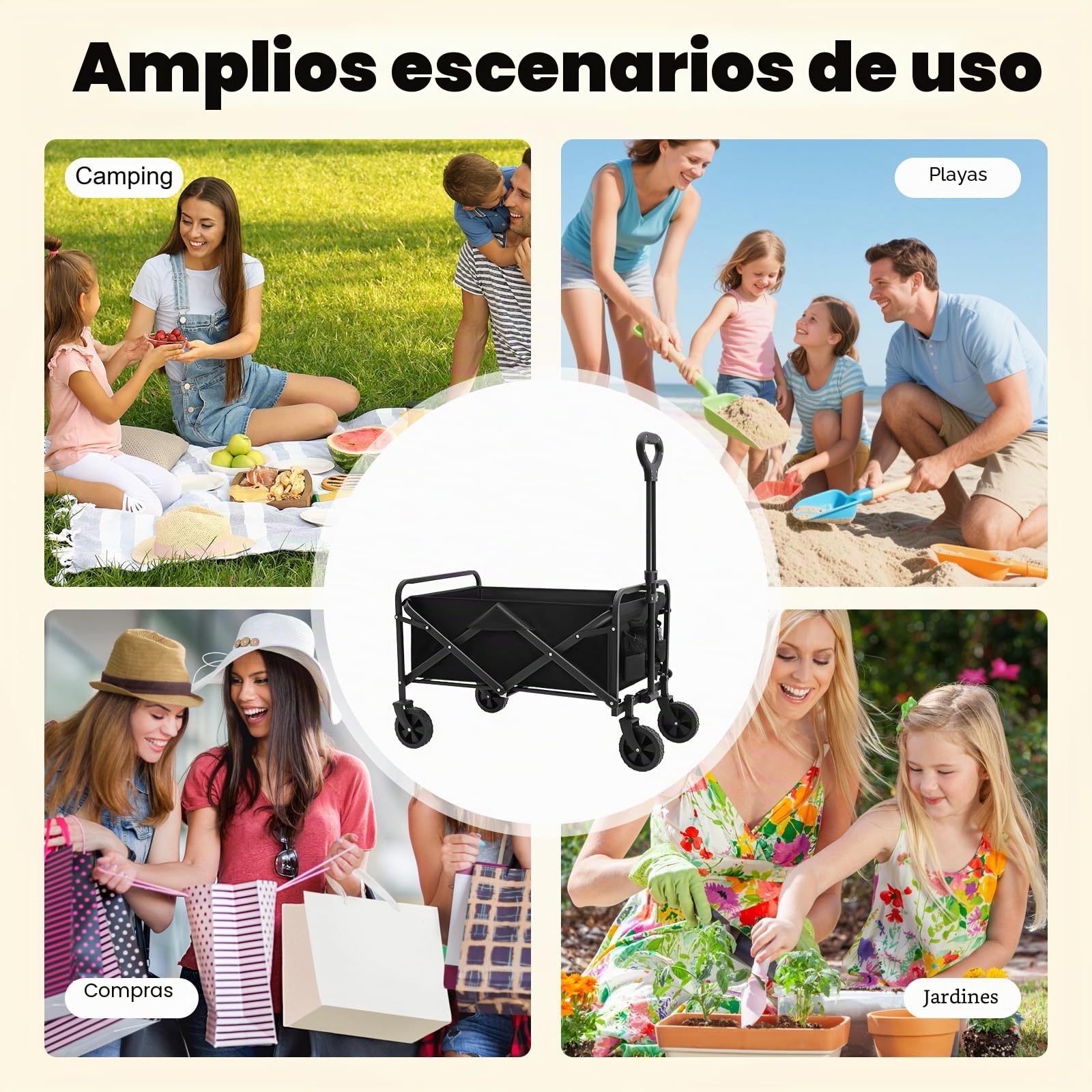 Carro plegable de hasta 80 kg – Carro de transporte con 2 soportes para copas para playa, jardín, camping y compras (ligero y resistente, negro)