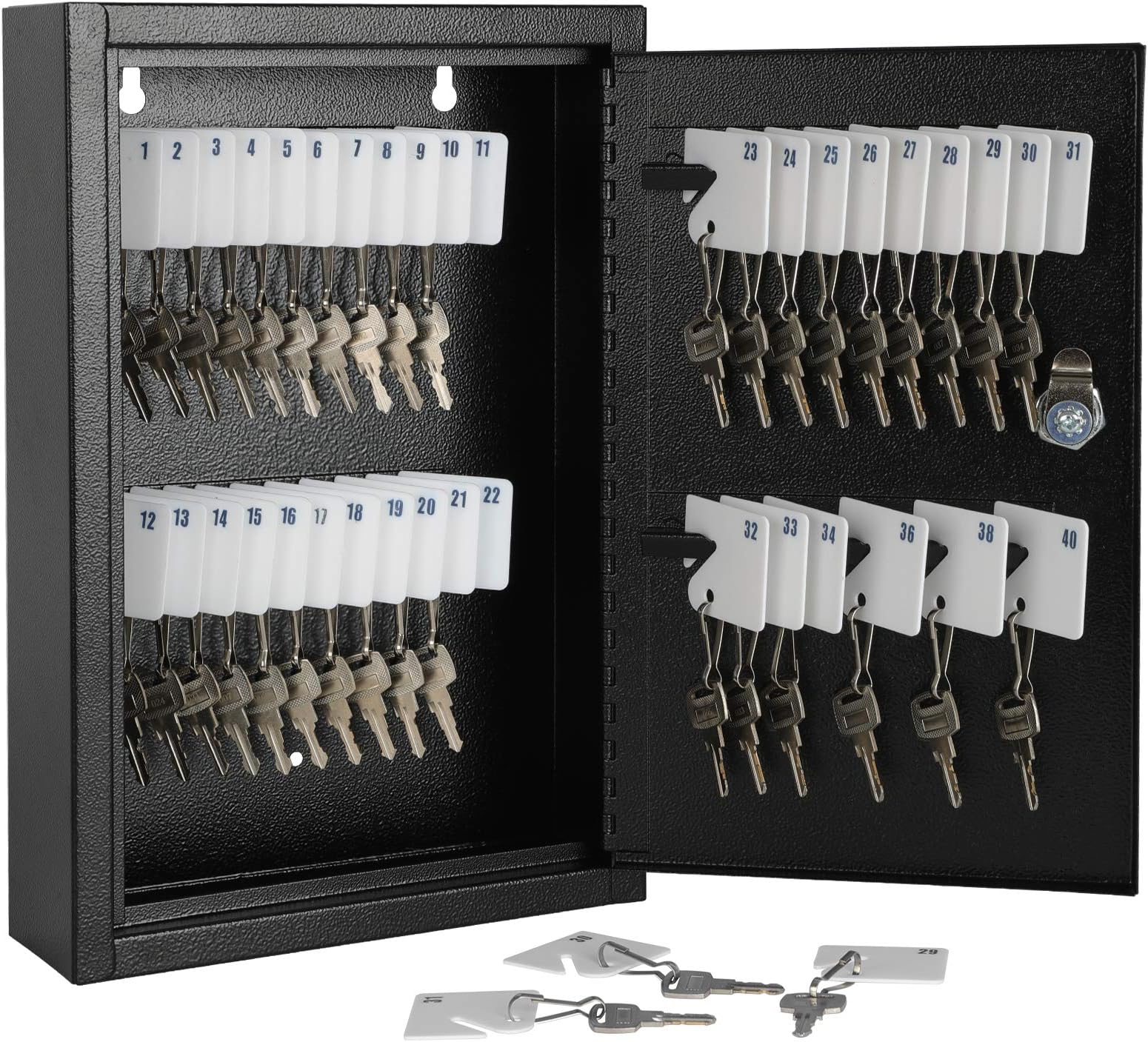 KYODOLED Key Storage Lock Box Wall Mount, Locking 40 Key Cabinet Holder Box with Key Lock, Hooks & Labels, 2.5" D x 8.1" W x 12.1" H, Black
