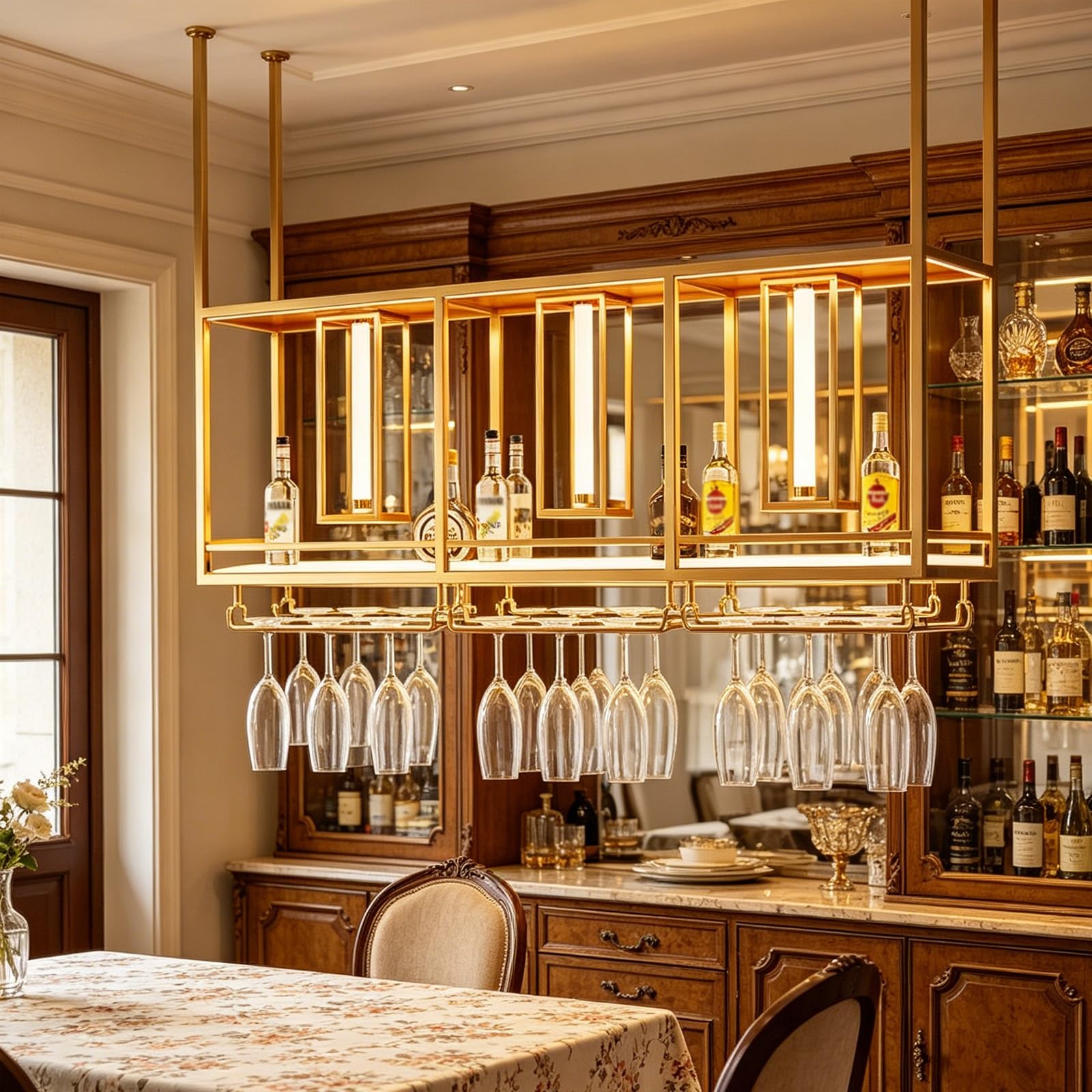 ASYJVWYZ Gold Suspended Wine Glass Rack With Lighting, Ceiling Mounted Bar Shelf For Liquor Bottles, For Home Pub And Restaurant