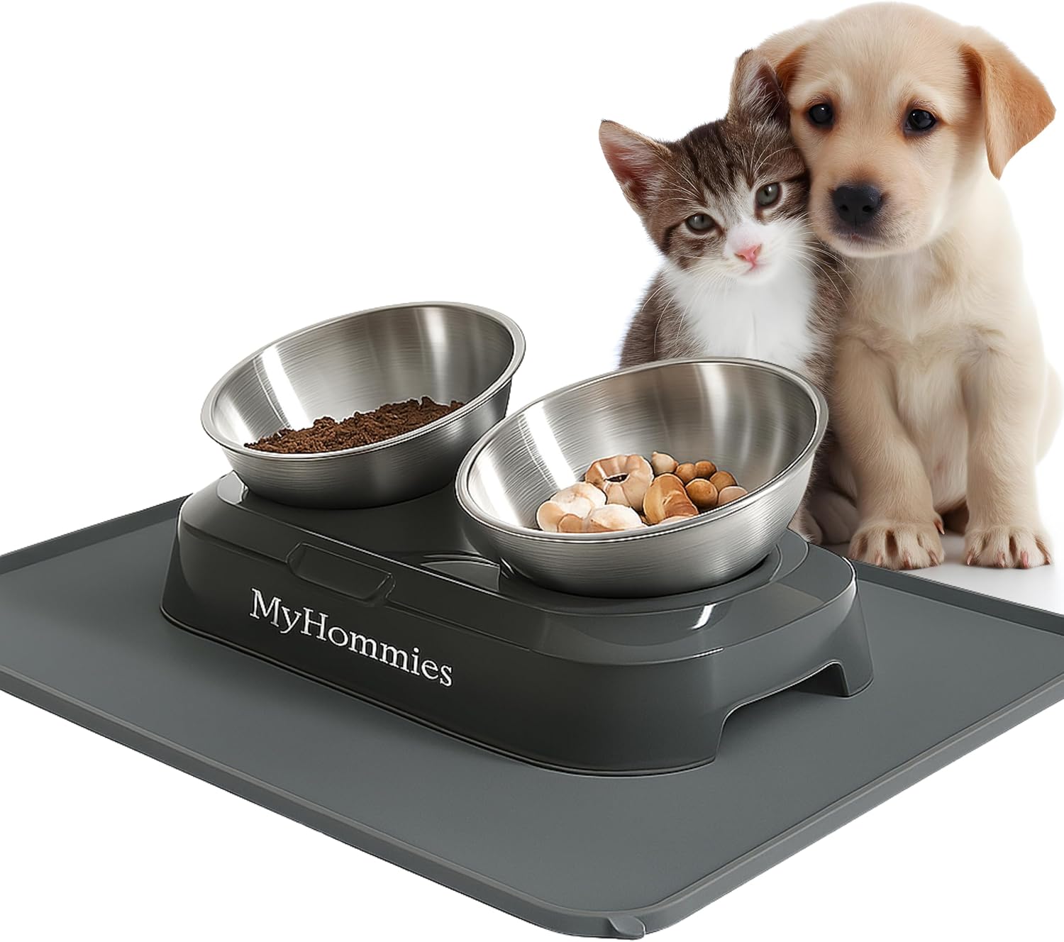Comedero Gatos y Perros Pequeños MyHommies | Doble Cuenco Elevado e Inclinado 15° | Acero Inoxidable 304 | Base Antideslizante + Alfombrilla de Silicona | Fácil de Limpiar y Apto Lavavajillas