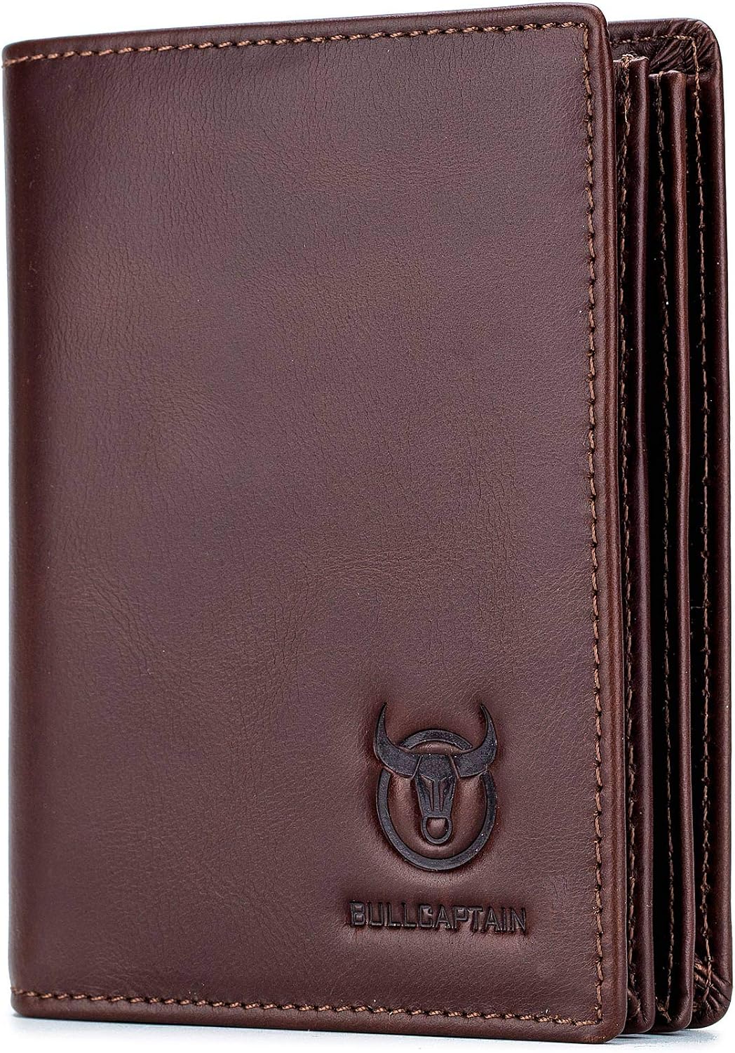 BULLCAPTAIN Leather Men Wallet,Genuine Leather RFID Blocking Bifold Wallets with ID Window (Coffee)