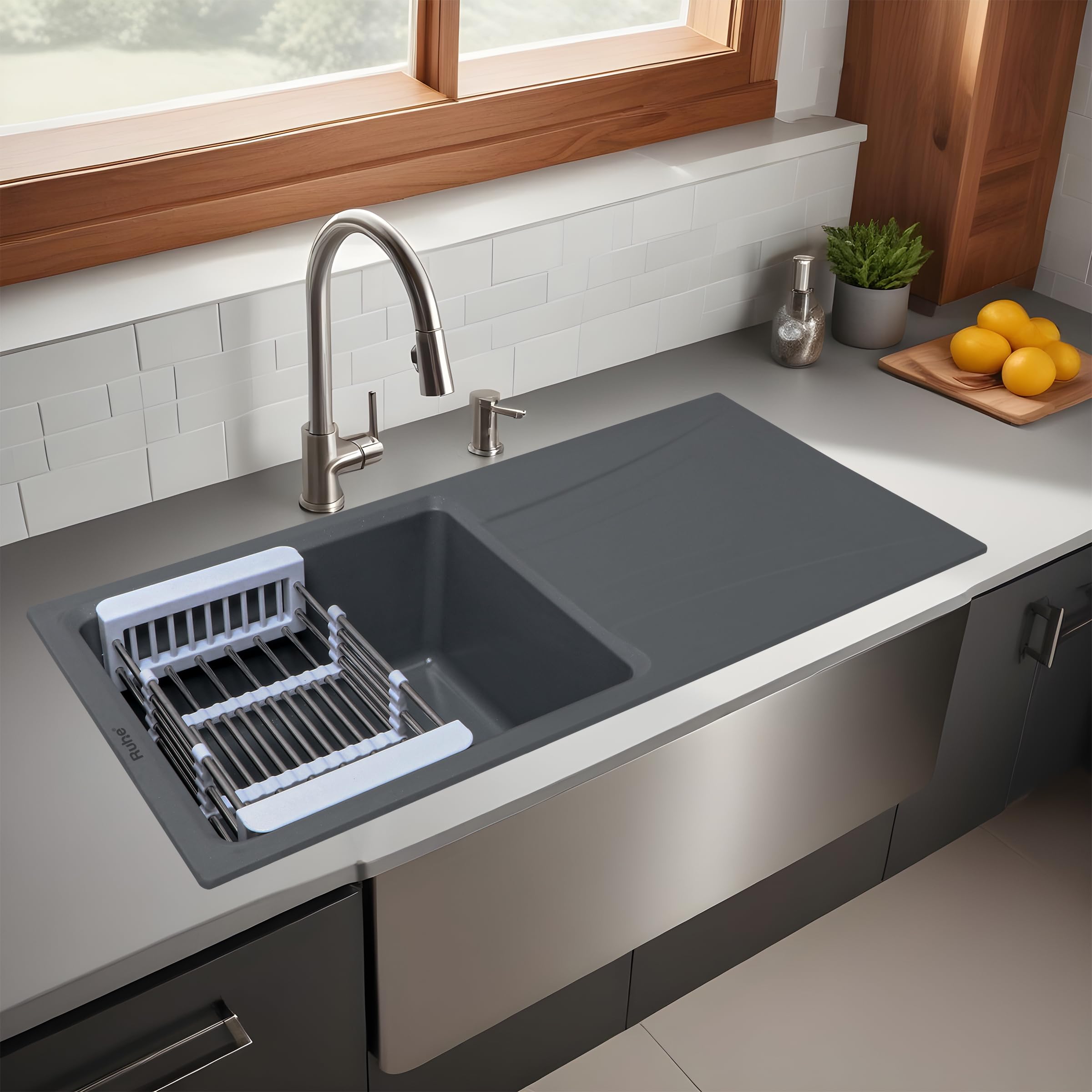 Ruhe® Quartz Single Bowl 36x18x9 Inches Drainboard Kitchen Sink | Smoke Grey Non-fading Colour with UV Protection | Natural Stone Quartz/Granite Sink with Sink Coupling, Waste Pipe & Strainer Basket (B0CDL7V6P1) Amazon Price History, Amazon Price Tracker