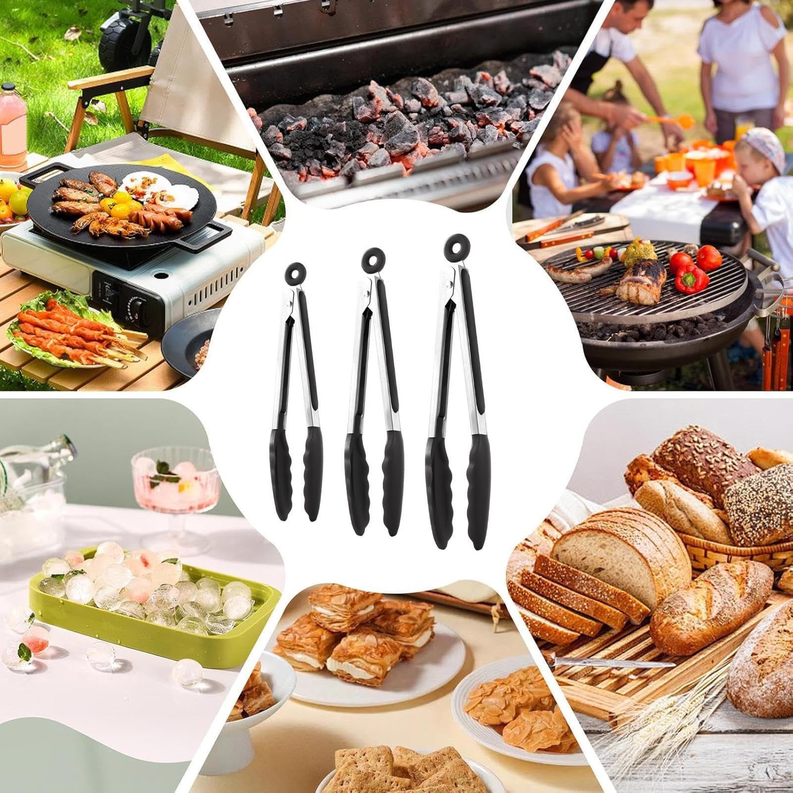 Pinze Per Grigliare Acciaio Inossidabile Bloccaggio Punte in Silicone | Pinze per Griglia in Acciaio Inossidabile Utensile Per Grigliare Barbecue Campeggio Giardino Cucina
