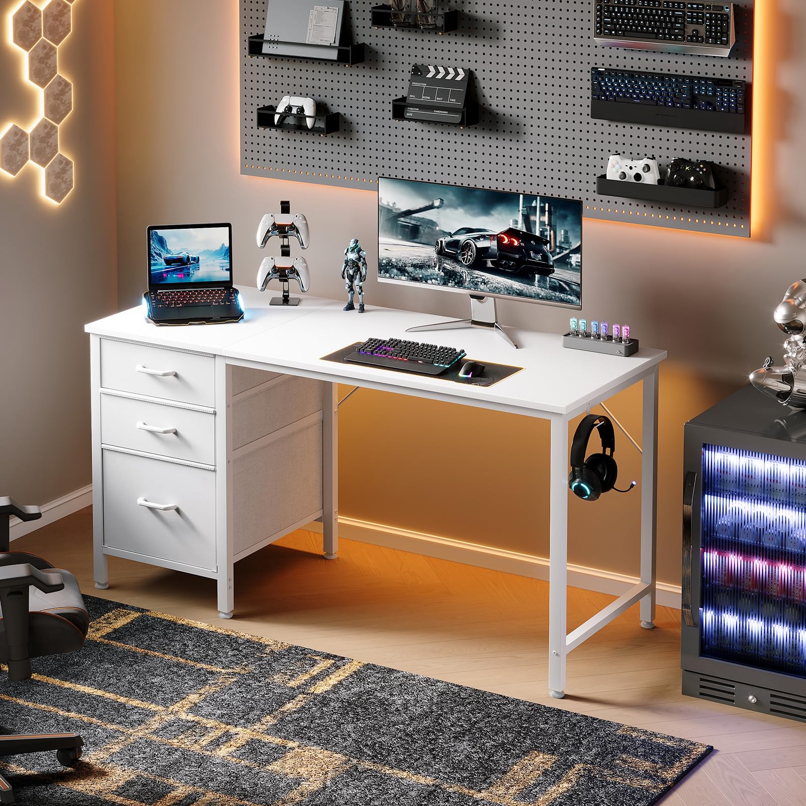 Coleshome Bureau avec 3 Tiroirs en Tissu, 120x48cm Bureaux Informatique avec Porte-Casque, Blanc Bureau D'ordinateur Réversible pour Petit Bureaux à Domicile