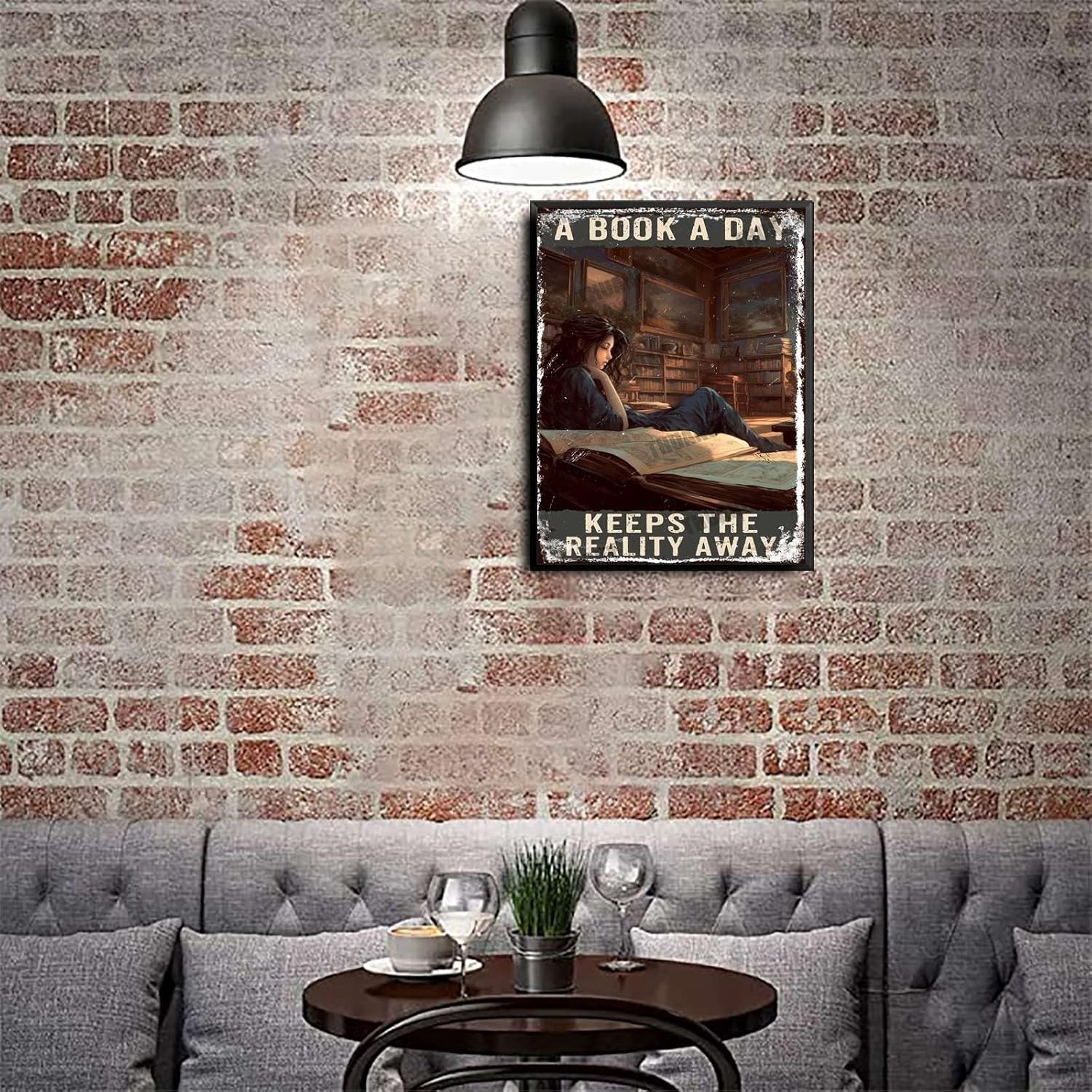 Metal Tin Sign A Book A Day Keeps The Reality Away Tin Signs Retro Funny Vintage Decor for Backyard Garage Man Cave Shed Office Craft Room 12x16inch with Black Metal Framed