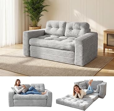2-in-1 Convertible Sofa Bed, Grey Corded Fabric Loveseat Futon with High-Density Foam, Folding Floor Couch for Small Spaces Light Gray