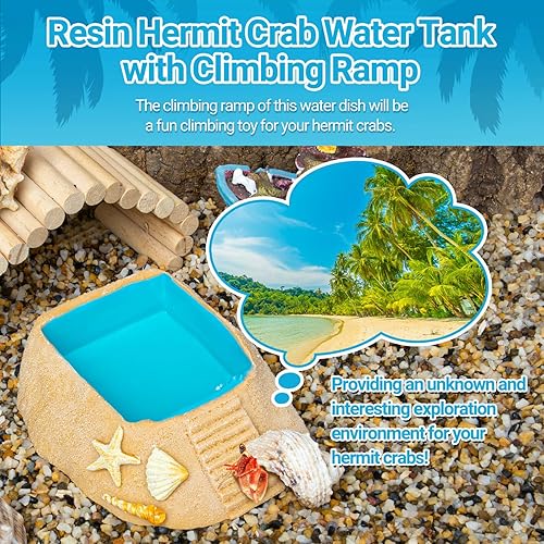 REPTIZOO Hermit Crab Water Bowl with Climbing Ramp, Resin Hermit Crab Water Food Dish and Bathing Pool Beach Style Reptile Ramp Bow Basking Platform for Turtles, Lizard, Frog, Gecko