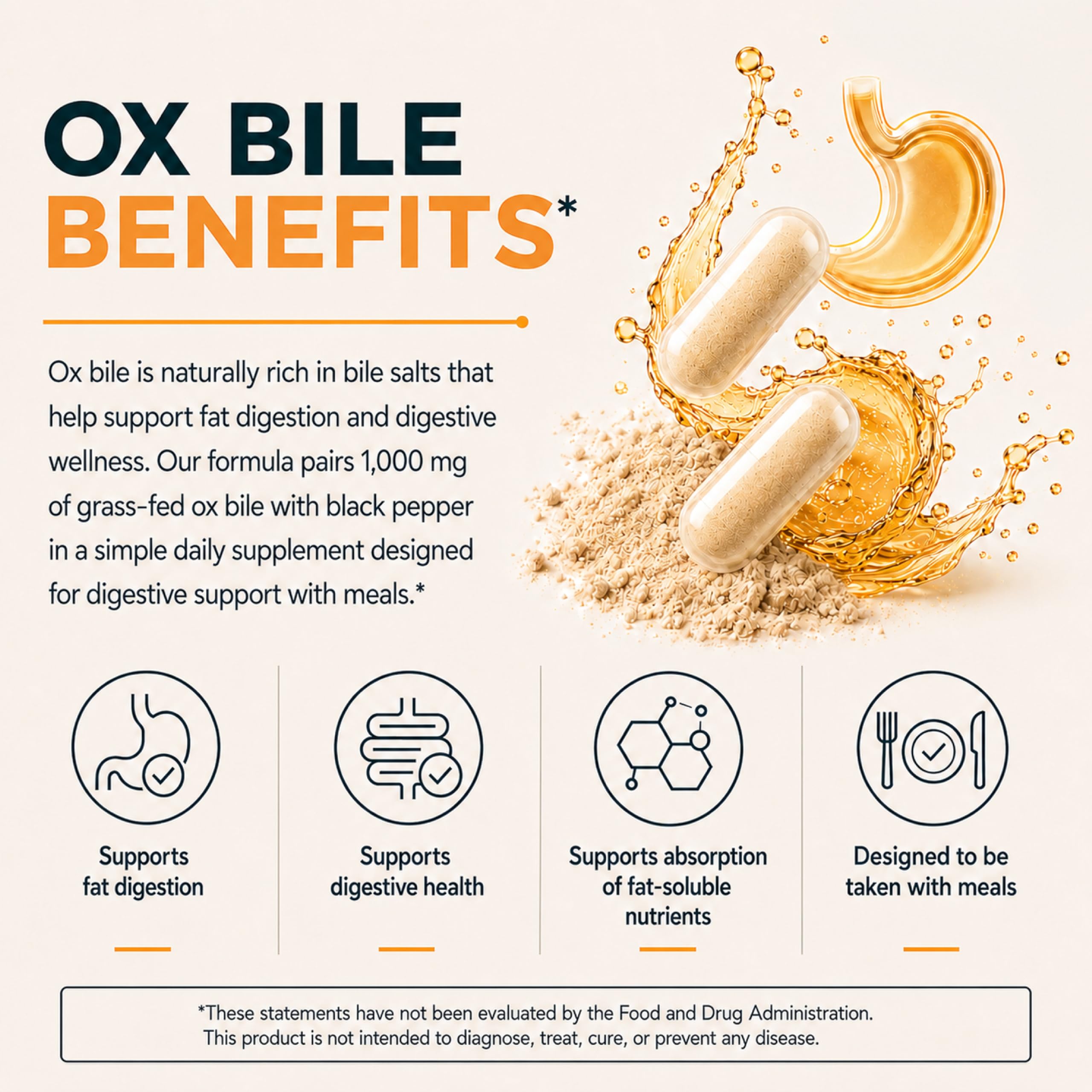 Grass-Fed Ox Bile 1000mg Extract - Digestive Enzymes Support - Ox Bile Salts for No Gallbladder - Supplements with Black Pepper - Supports Digestive Health - Bovine Salts Supplement - 180 Count — Amazon image 6