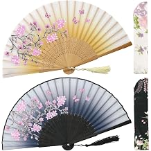 OMyTea Folding Hand Fans for Women - Chinese Japanese Vintage Bamboo Silk Fans - for Hot Flash, EDM, Music Festival, Party, Dance, Performance, Decoration, Wedding, Gift Gray & Brown Sakura