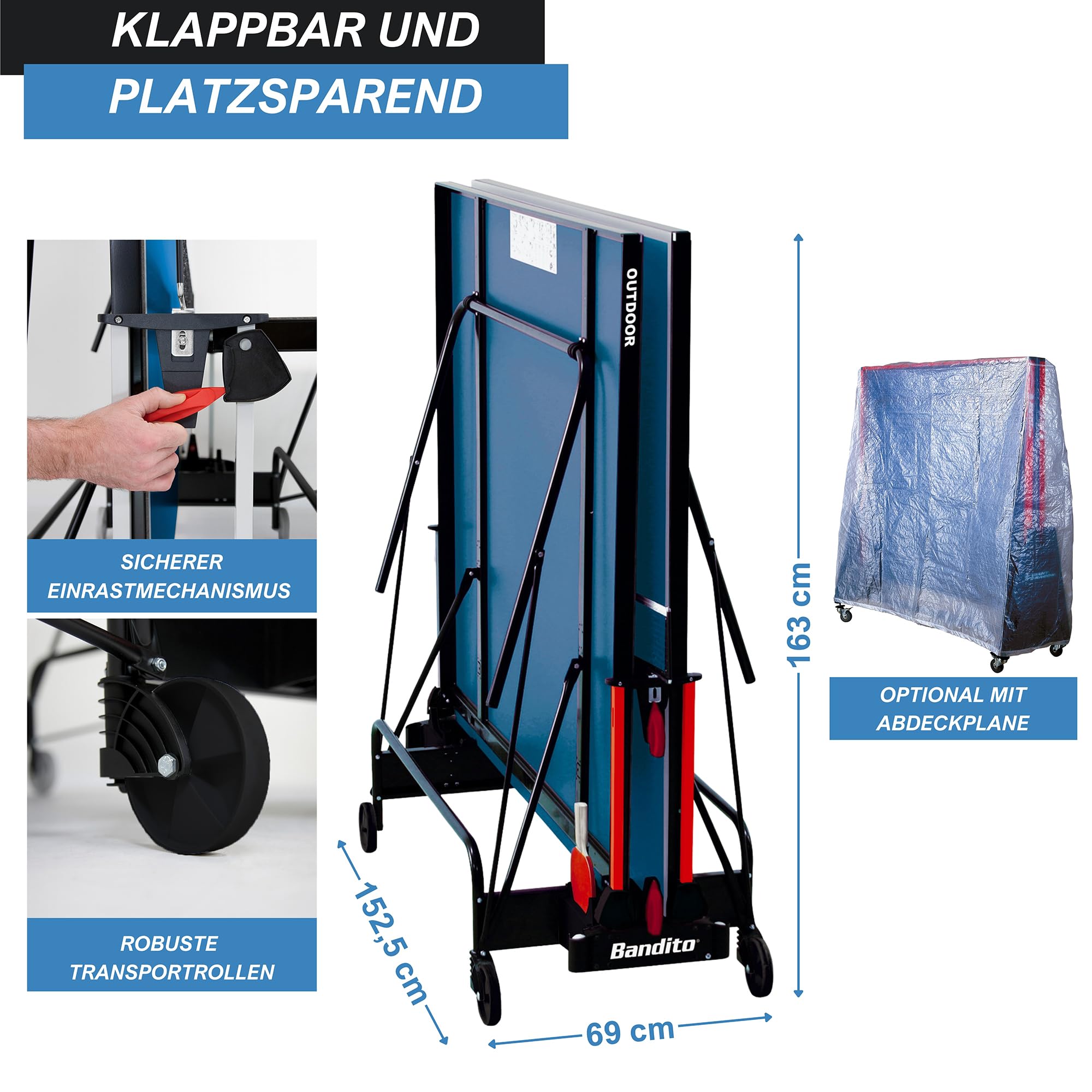 Bandito Profi Tischtennisplatte - Made in Germany, TÜV geprüft, Outdoor & Indoor, Ping Pong Tisch, Turniermaß, klappbar, leicht verstaubar, wasserabweisend, mit Rollen & Netz, 4 mm Melaminharzplatte