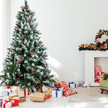 Cliselda 7ft Snow Flocked Christmas Tree with Pinecones Red Berries