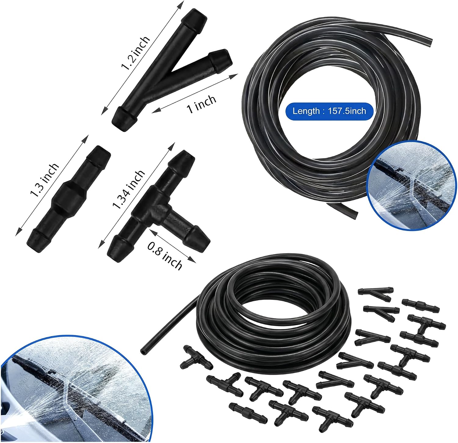 4M Windshield Washer Hose Kit Rubber Washer Fluid Tubing with 30PCS Leak-Proof Hose Connectors (T/Y/I Type) Universal Repair Kit for Car SUV Truck Windshield Washer System
